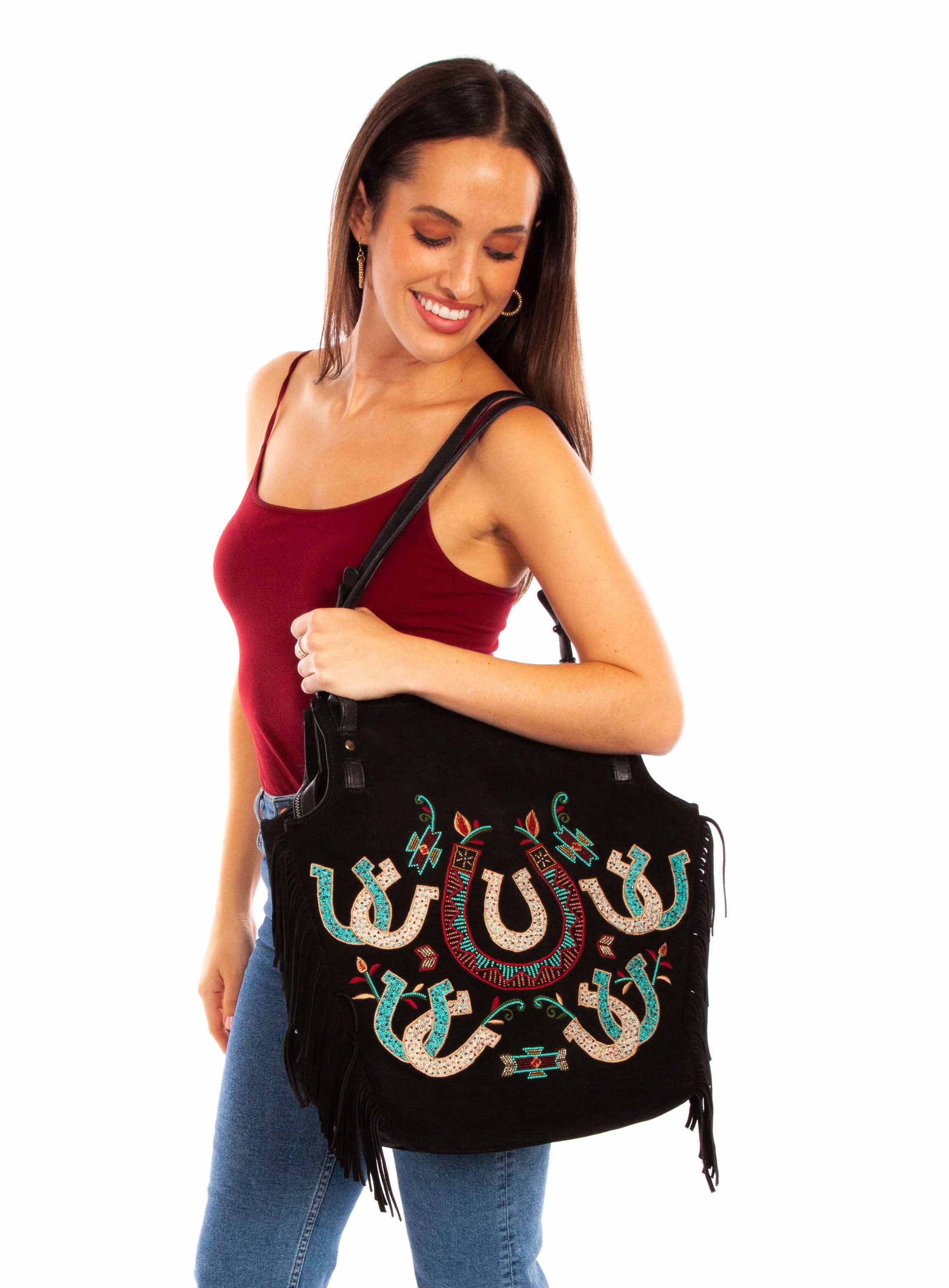 Black Suede Fringe Tote Lucky Horse Shoes