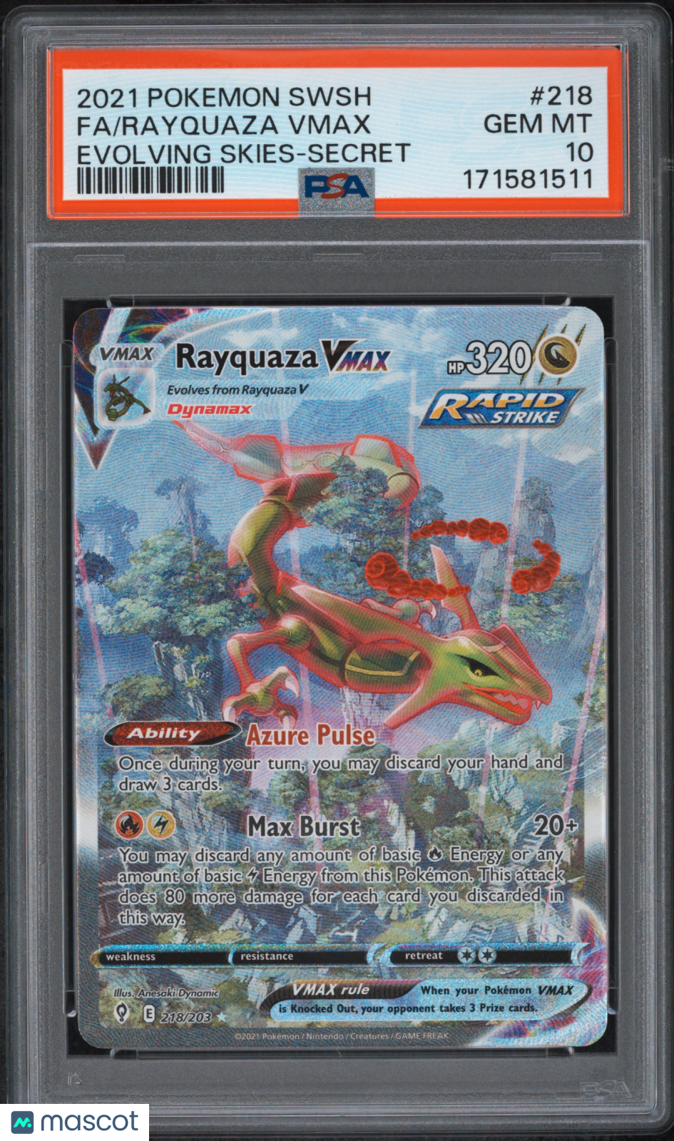 2021 Pokemon Evolving Skies-Secret Rayquaza VMAX Alt Art PSA 10