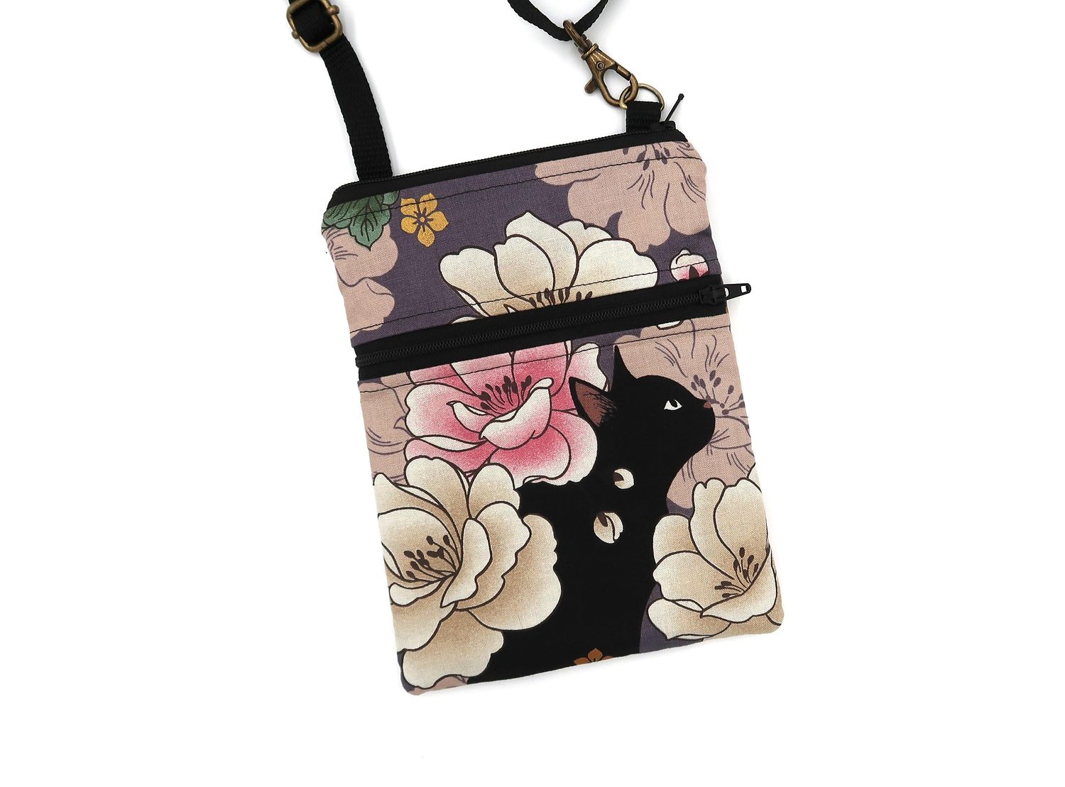 Small Crossbody Bag – Black Cats & Peonies, B - Gray