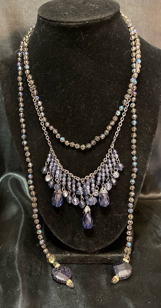 1928 Purple dangle Necklace and Iridescent Crystal wrap around Necklace