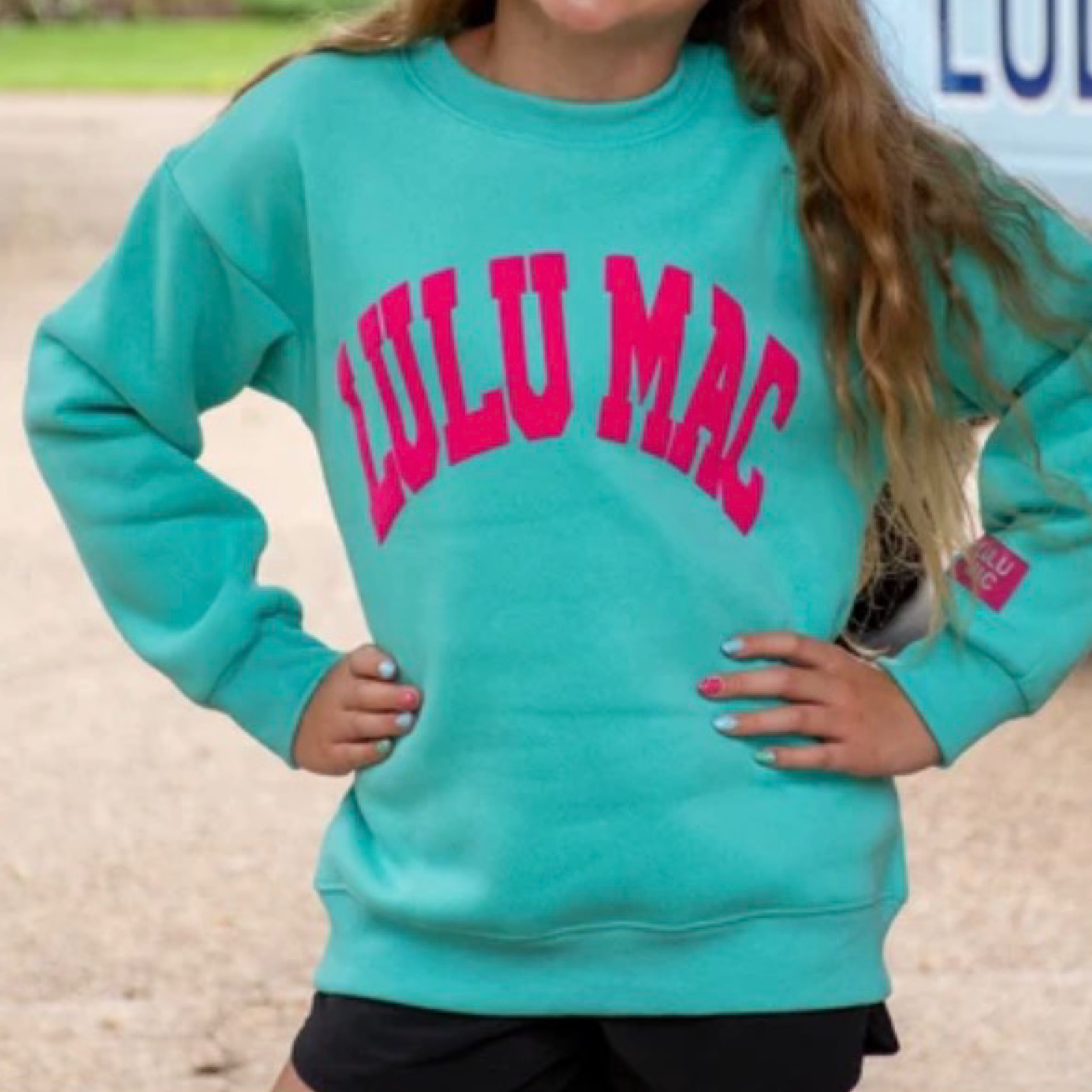 Lulumac kids sweatshirt mint/hot pink puff — Bama Tan boutique, Tuscaloosa AL