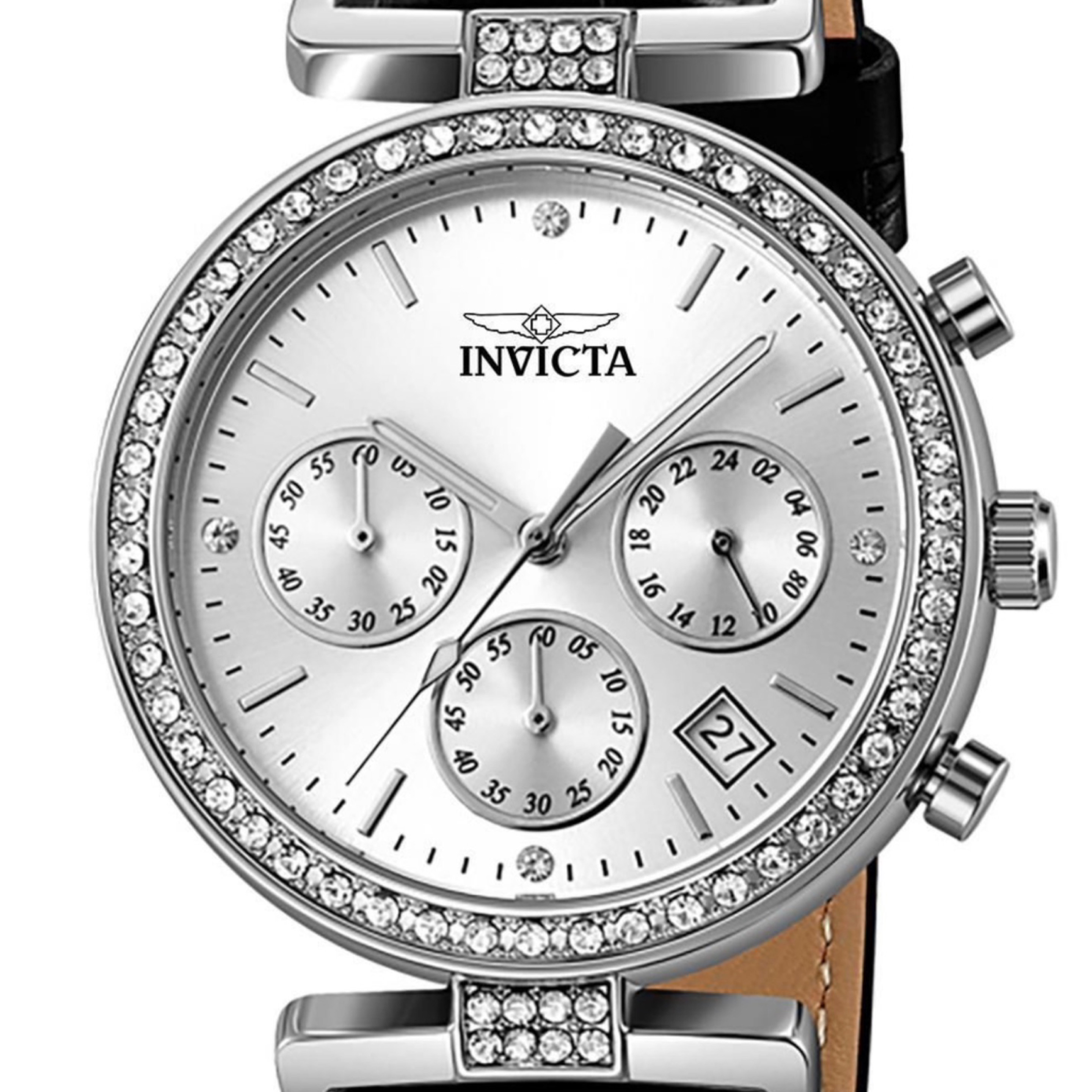 Invicta Celestial Lady 38mm Silver Tone Case Silver Metal Dial Black Band