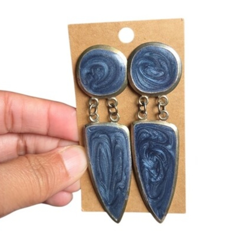 Vintage Silver Toned Handmade Swirl Drop Earrings in Shimmery Navy 3.25"