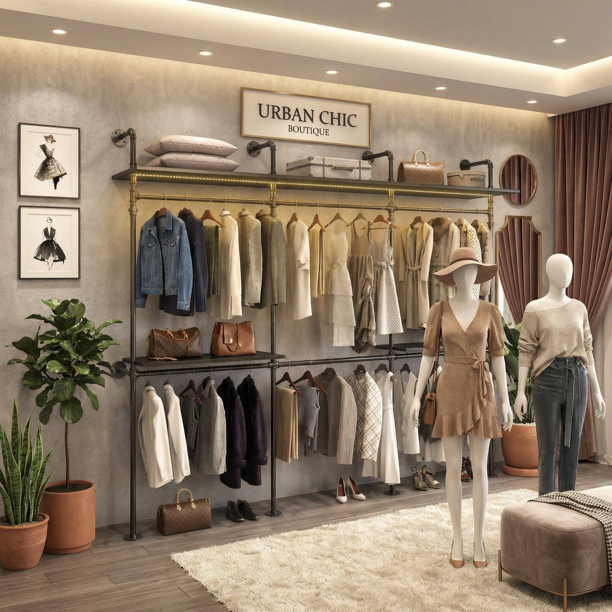 118‘’ Industrial Pipe Clothing Rack Shelf LED Retail Display