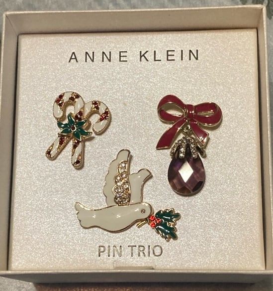 ANNE KLEIN Christmas Pin Trio CANDY CANES, RIBBON PURPLE RHINESTONE AND DOVE