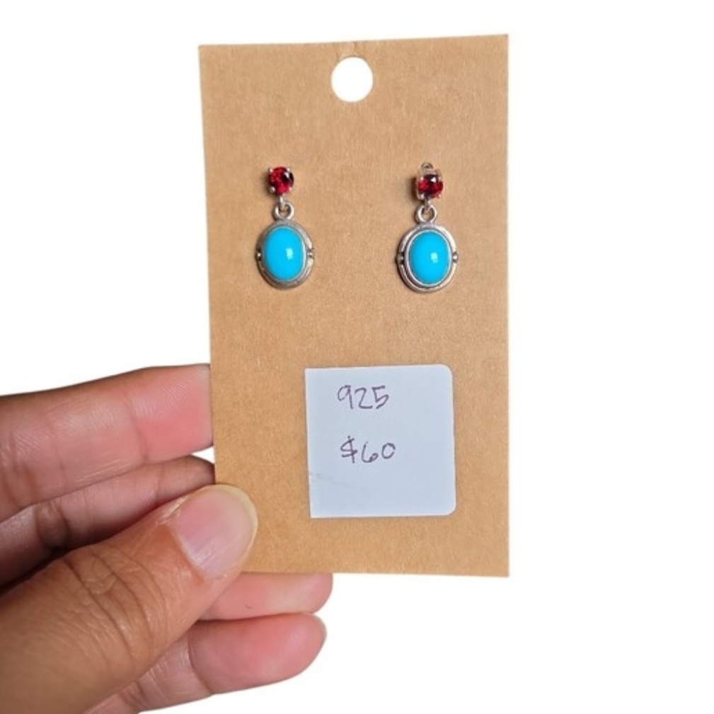 925 Thailand Sterling Silver Oval Turquoise Drop Earrings with Red Accent .75"