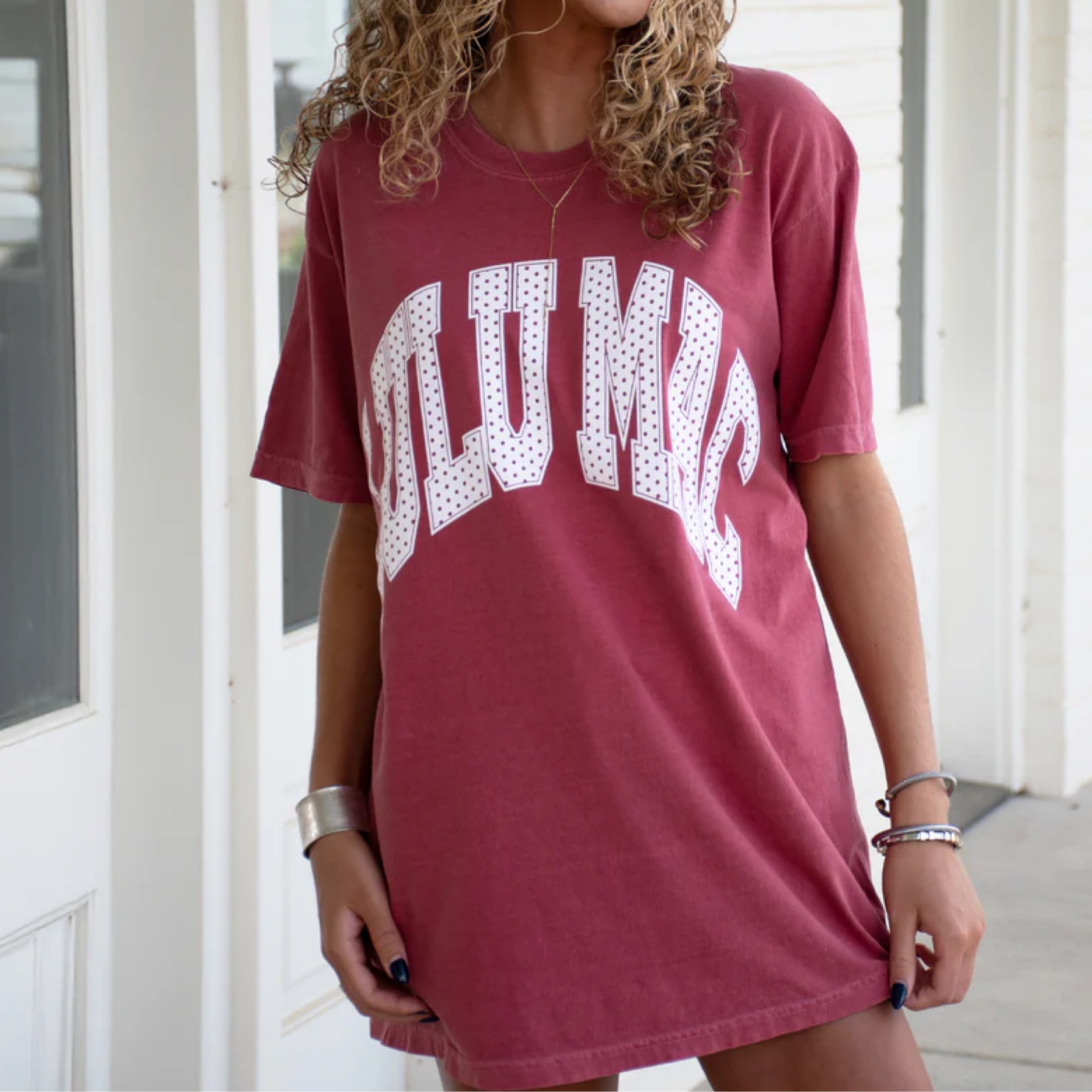 LuluMac t shirt crimson/polka dot — Bama Tan boutique, Tuscaloosa AL