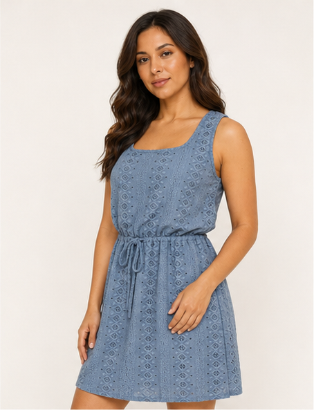 Boho Blue Sleeveless Eyelet Dress Square Neck Drawstring
