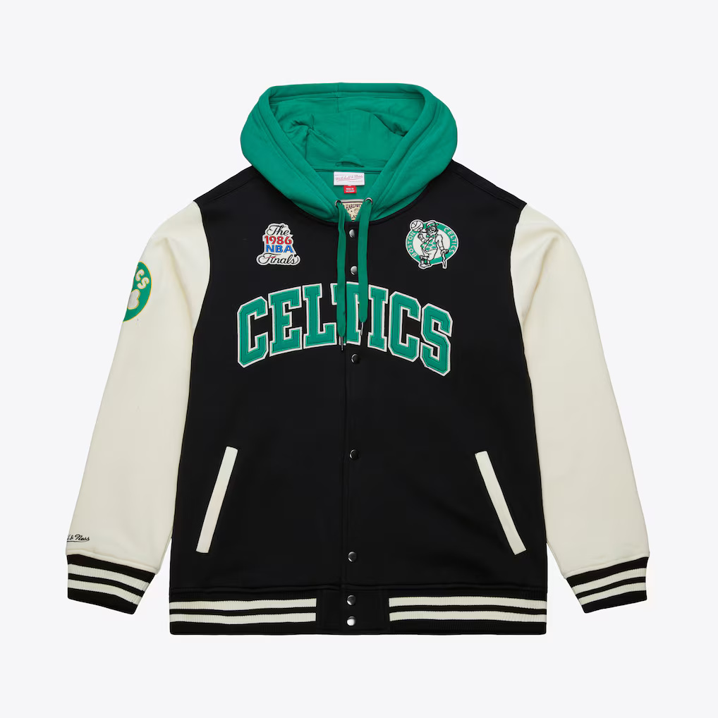 Boston Celtics Courtside Button Down Mitchell and Ness Hooded Fleece Jacket