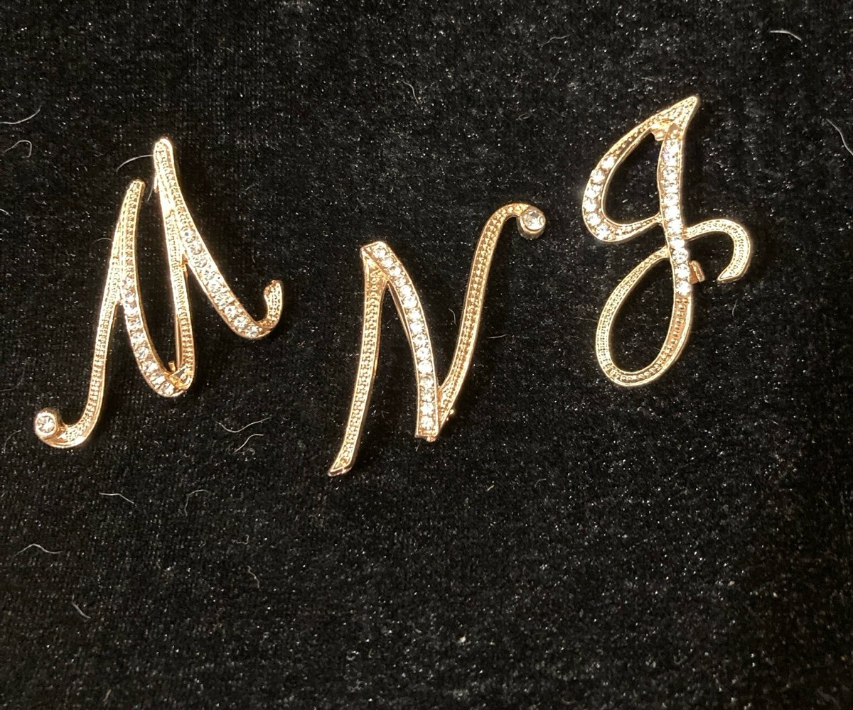 Large Cursive Letters M N J gold tone Rhinestone Brooches