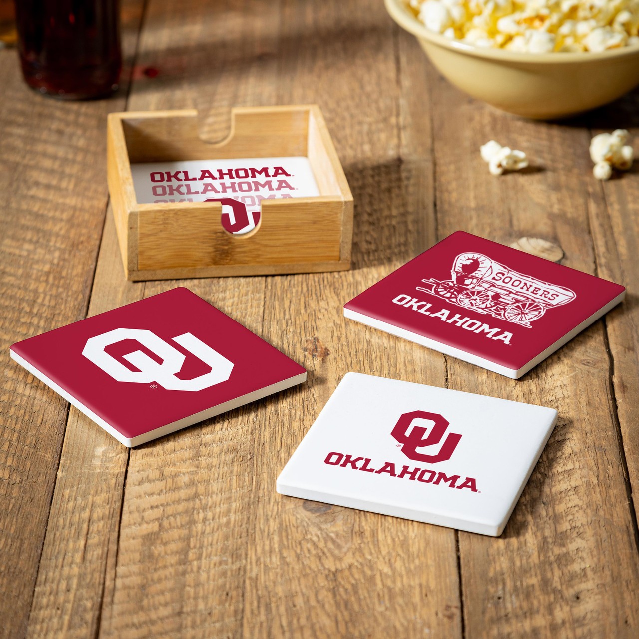 Oklahoma Sooners 4 Piece Coaster Set with Wood Caddy