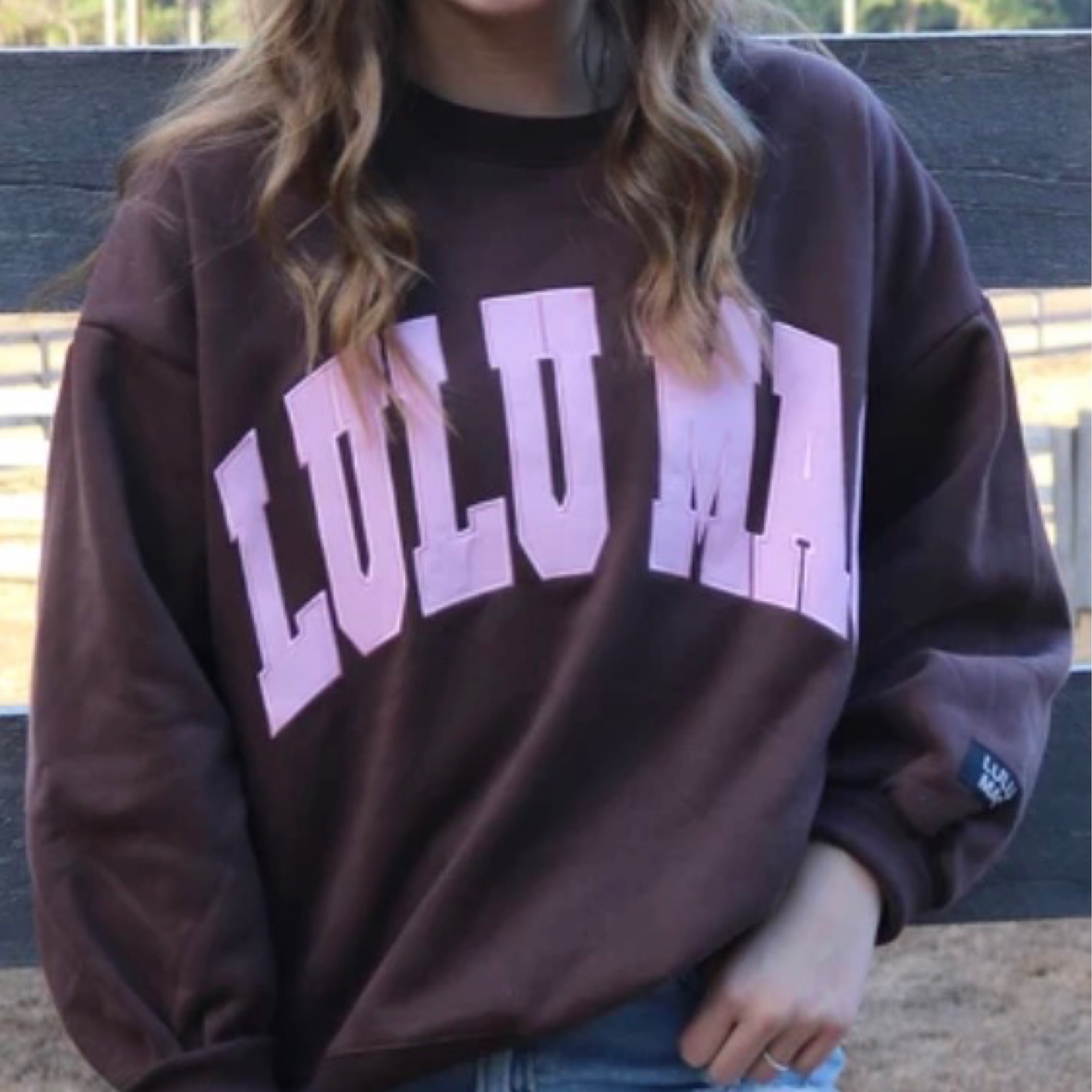 LuluMac sweatshirt Brown/lt pink stitch — Bama Tan boutique, Tuscaloosa AL