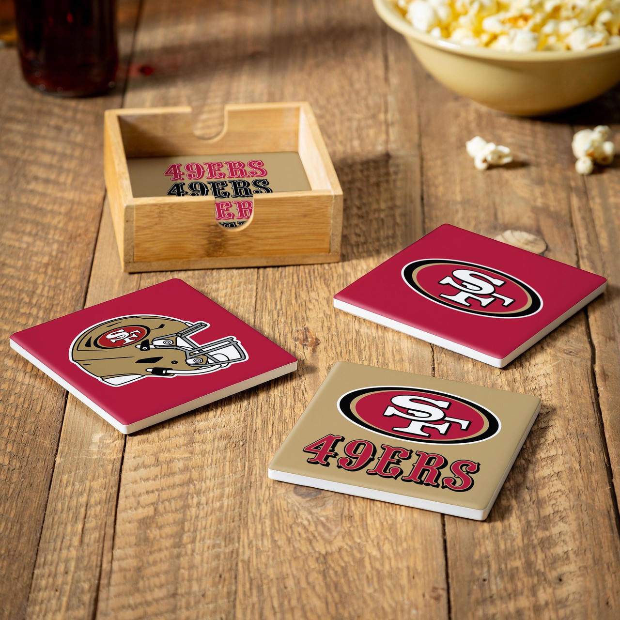 San Francisco 49ers 4 Piece Coaster Set with Wood Caddy