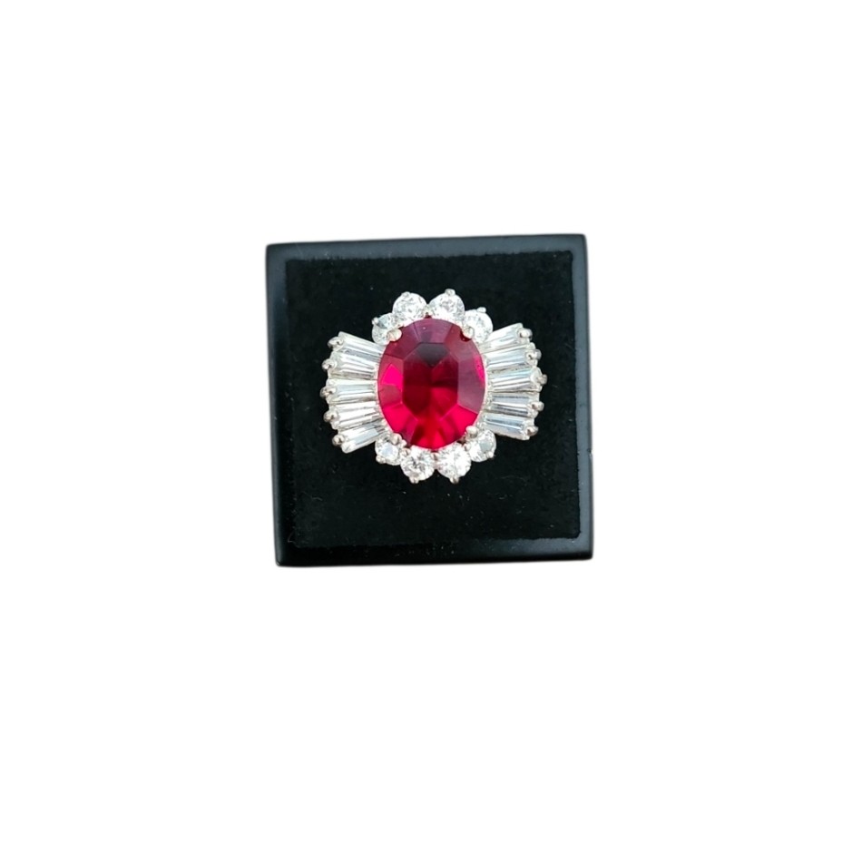 Size 6 Silver Toned Ruby Halo Cocktail Ring