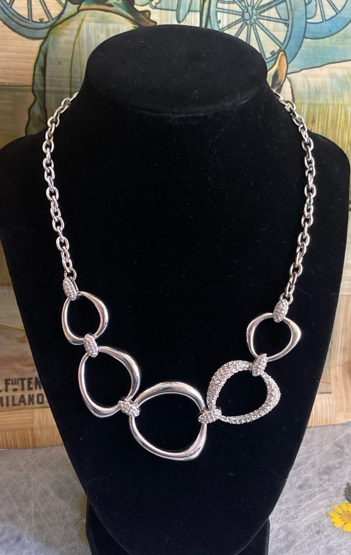 Vintage Liz Claiborne Silver Circle Rhinestone Chain Necklace