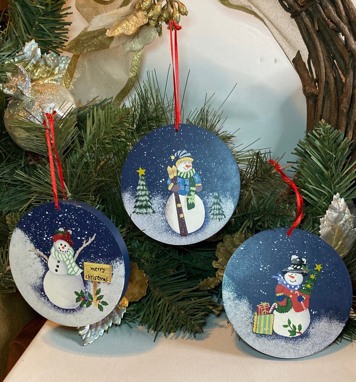 3 New Wooden Holiday Snowman Ornaments
