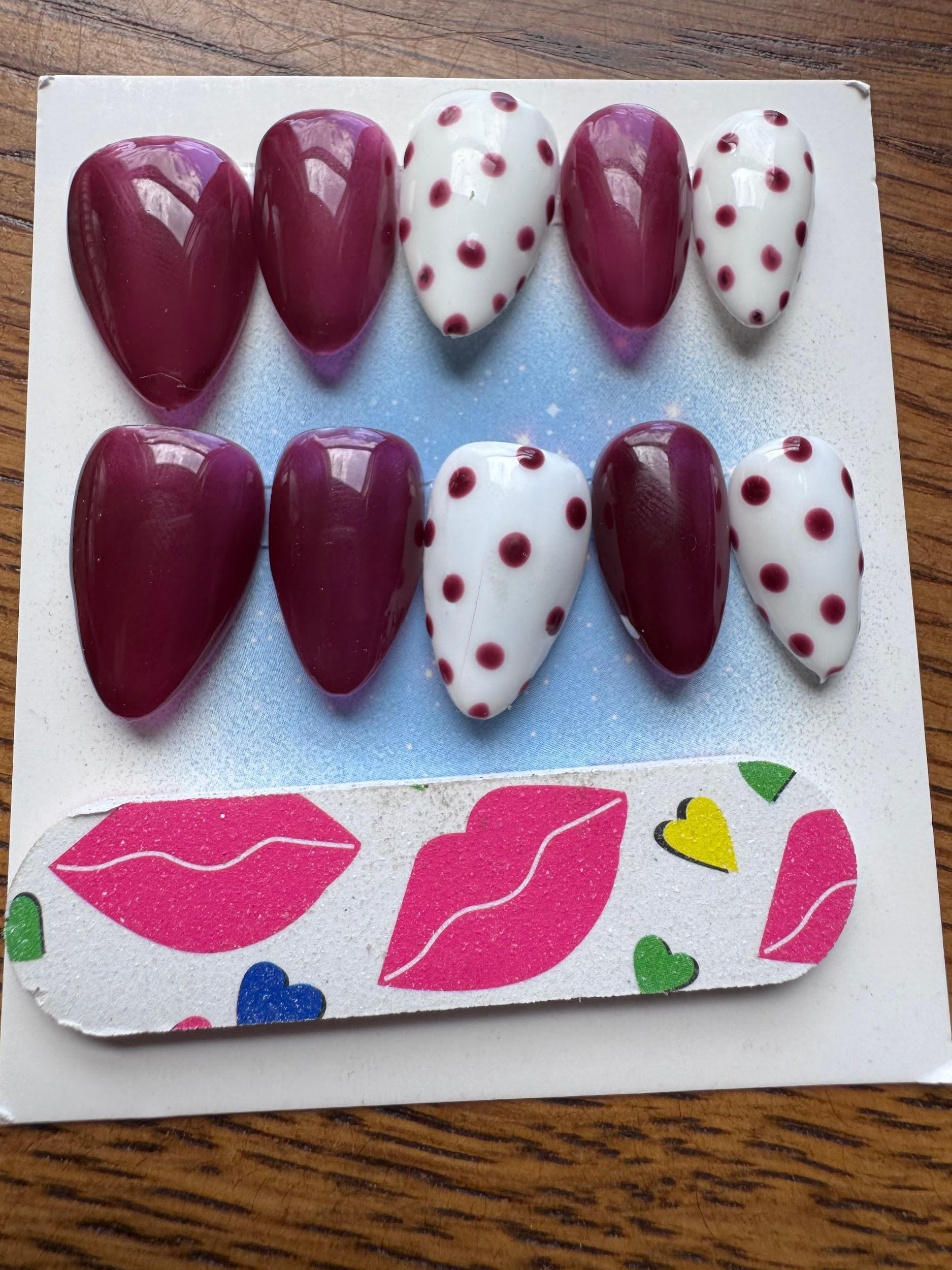 Maroon Polka hand-painted nail set