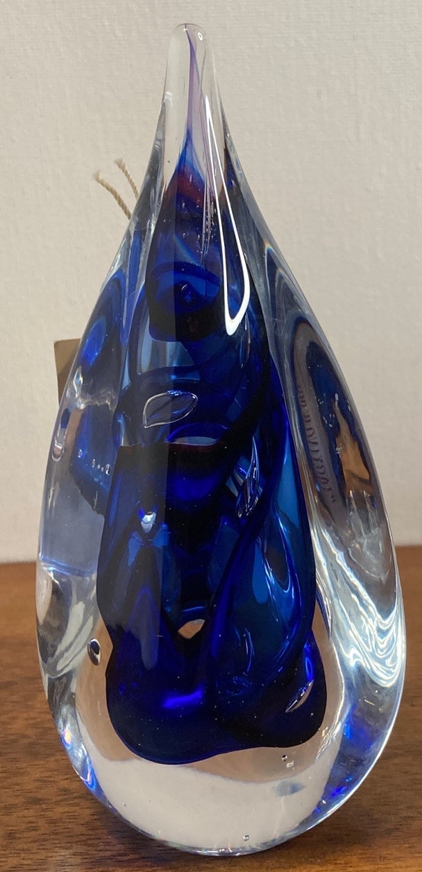 Marian Pyrcak Crystal Art Glass Tear Drop Blue Swirl