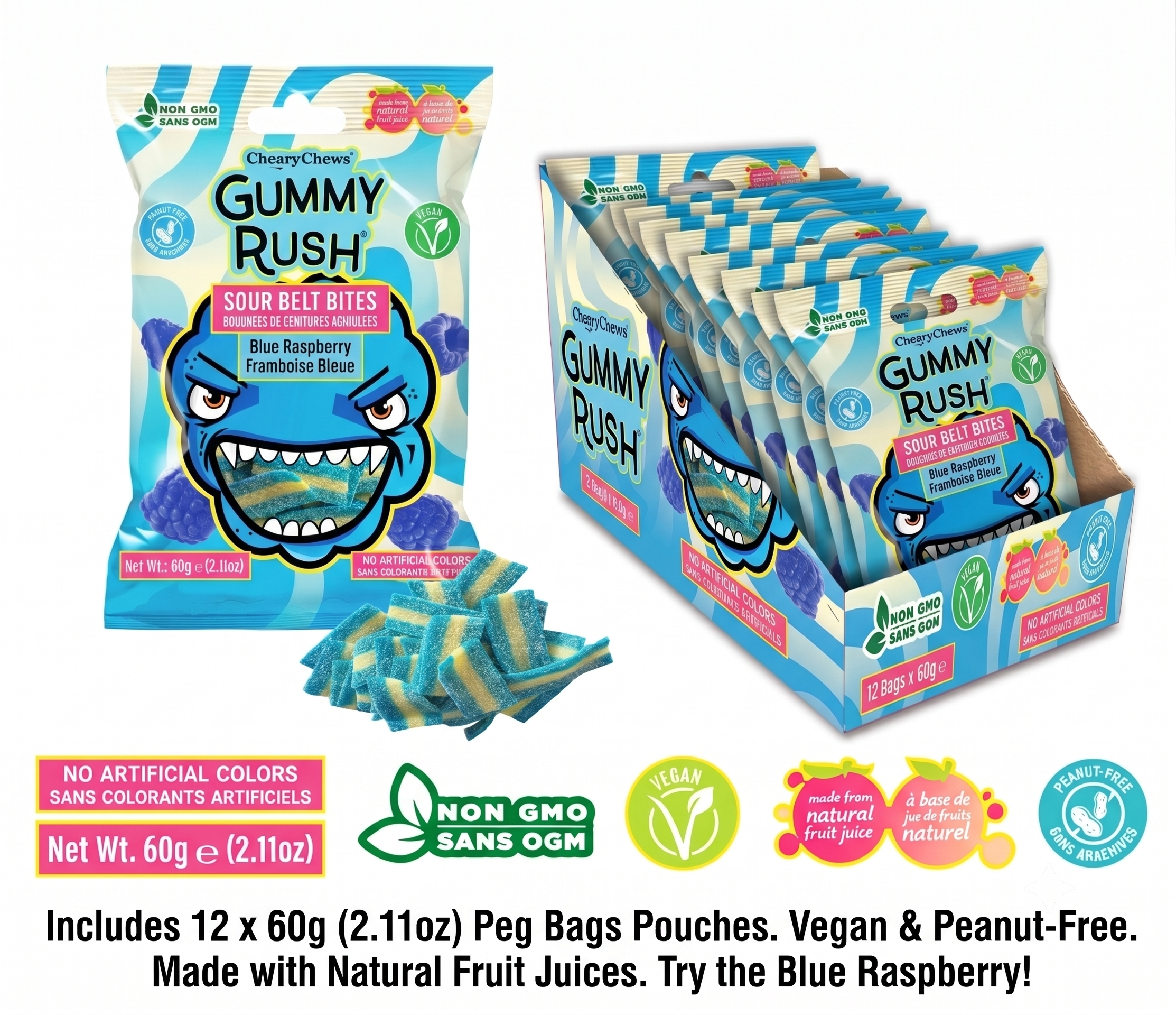 Gummy Rush Mini Sour Belt Bites Blue Raspberry  2.11oz 12ct Tray