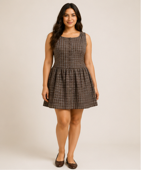 Plaid Button Front Boat Neck Sleeveless Mini Dress