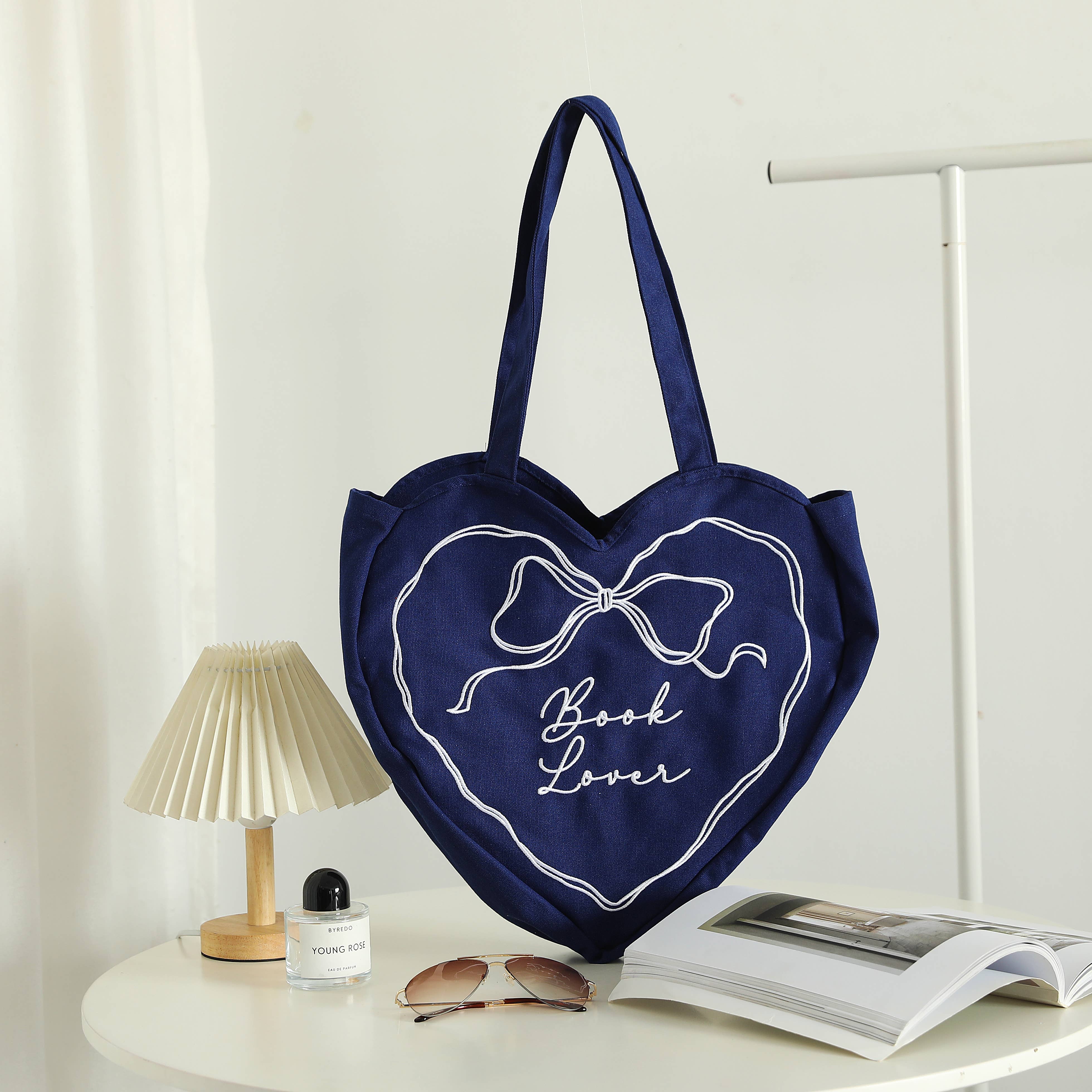 Book Lover Heart Embroidered Tote Bag, Reader Bag, Bookish: Navy Blue