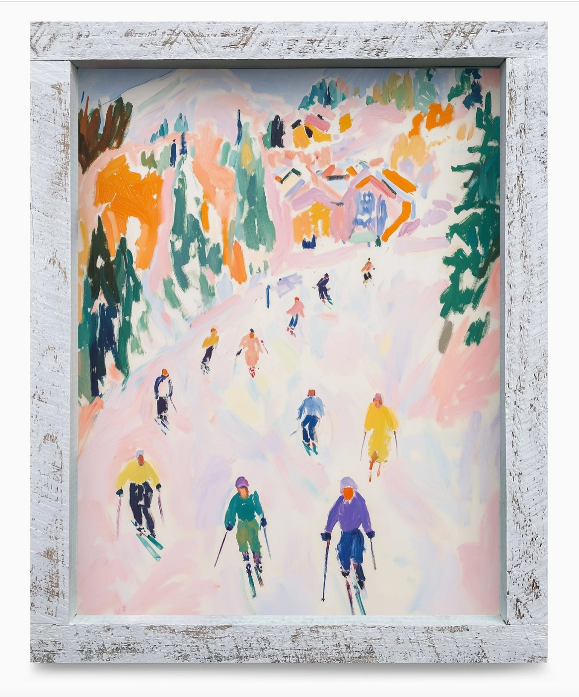 Colorful Downhill Skiers Wood Framed Wall Art