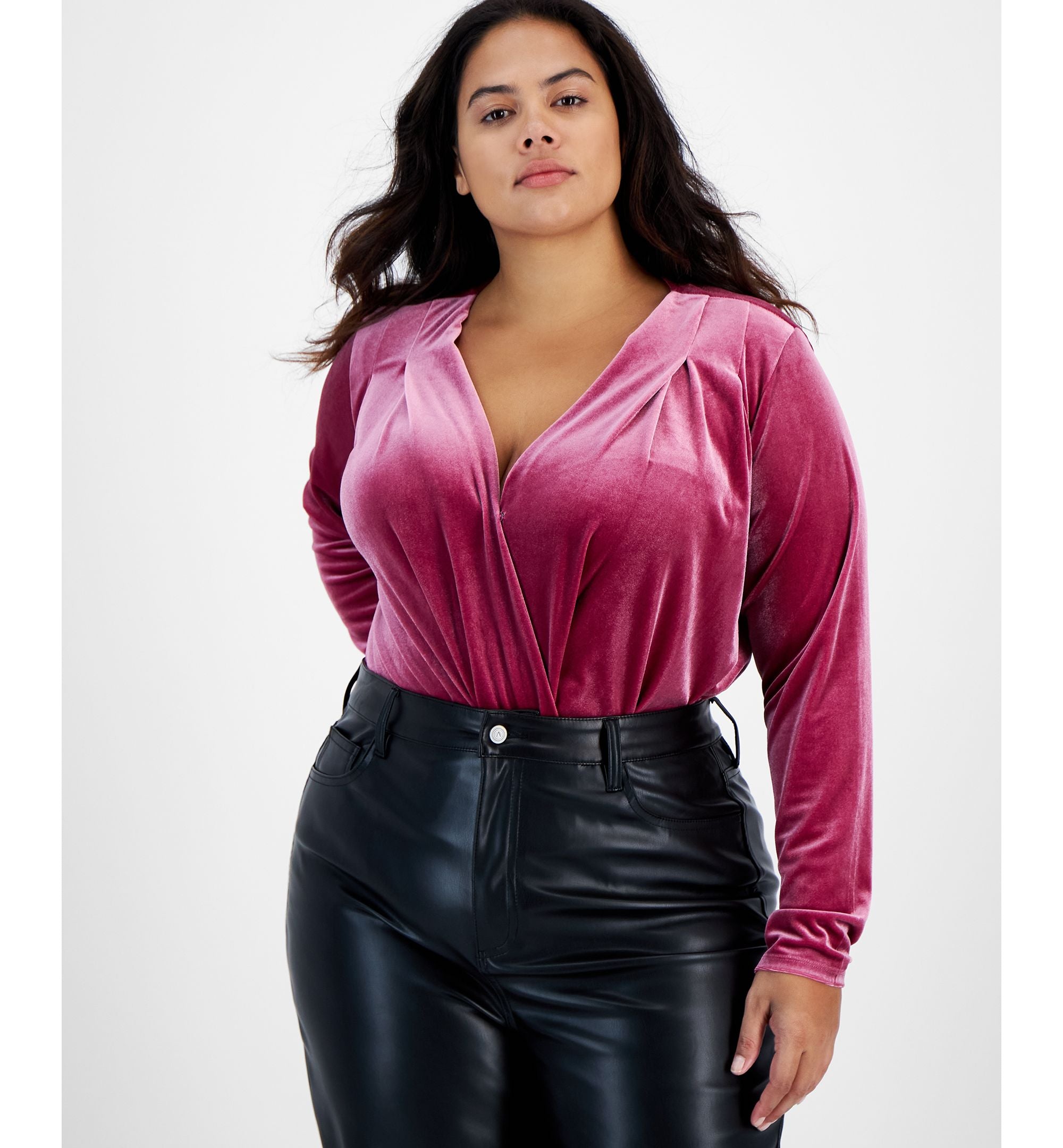Now This Trendy Plus Size Velvet Surplice Bodysuit in Raspberry Radience · 2X
