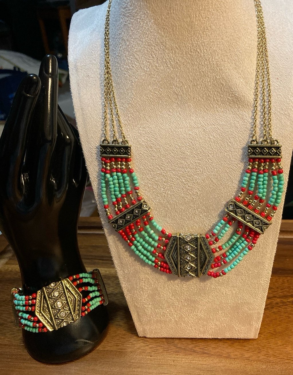 Egyptian Cleopatra Style Beaded Golden Red Green Rhinestone Necklace/Bracelet