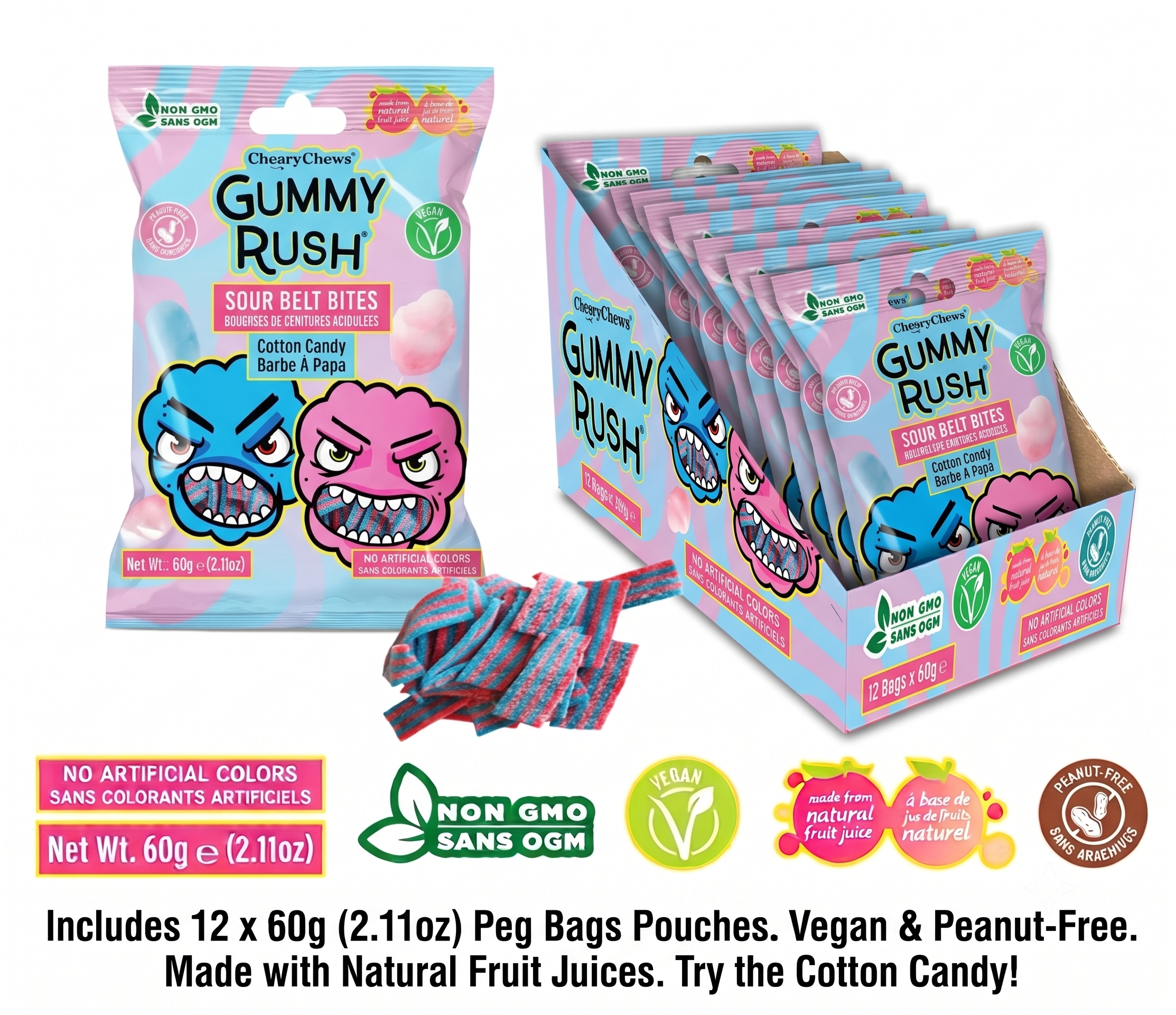 Gummy Rush Mini Sour Belt Bites Cotton Candy 2.11oz 12ct Tray