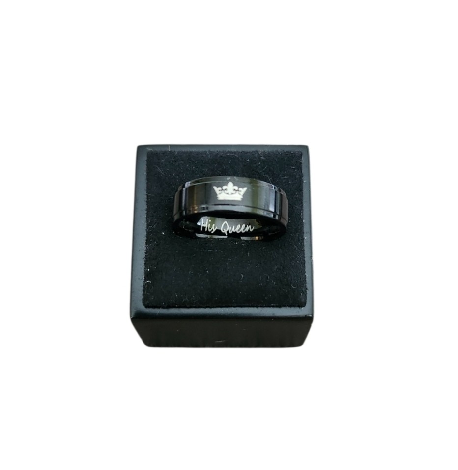 Size 7 Black Stainless Steel Laser Engraved Crown His Queen Band