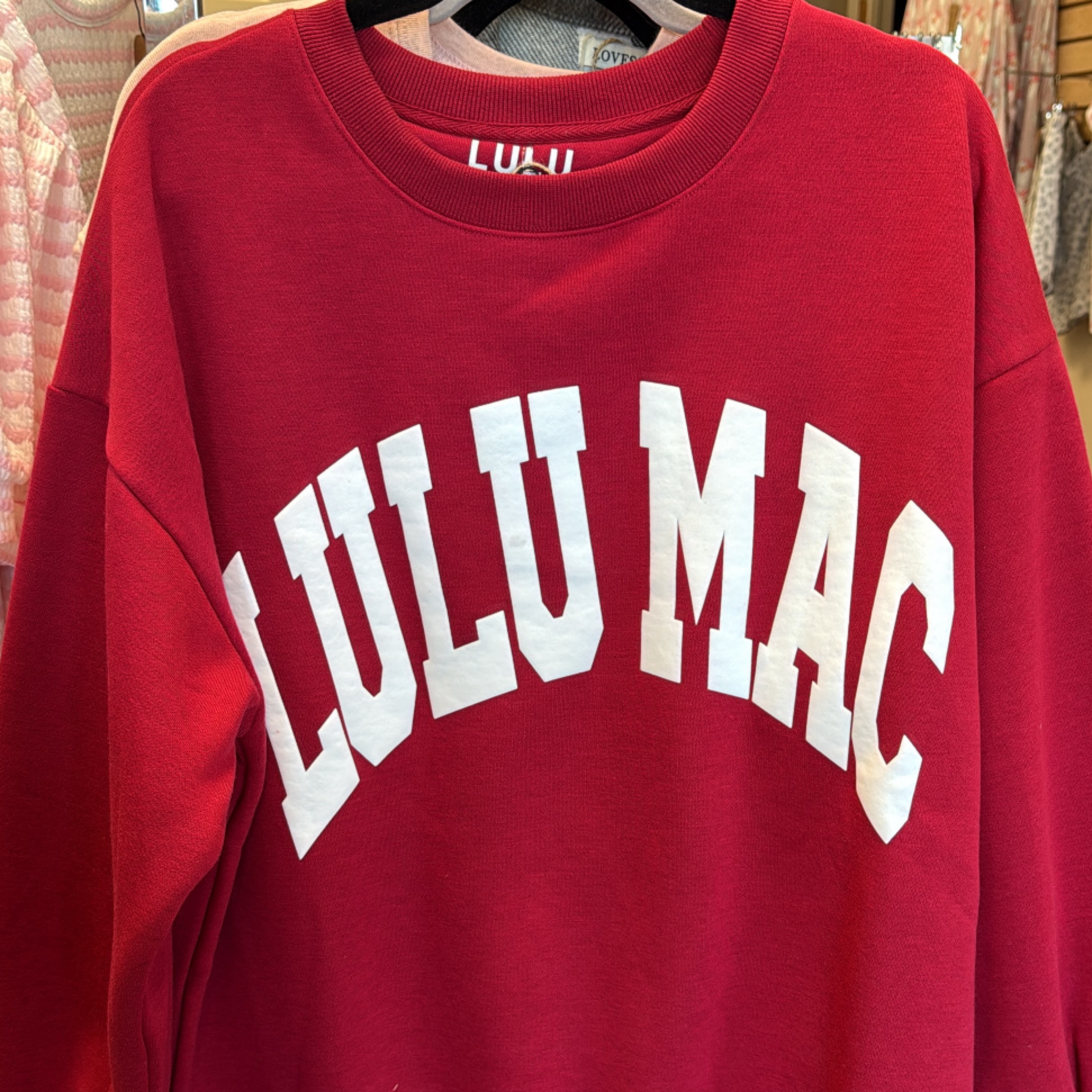 LuluMac sweatshirt crimson/white stitch — Bama Tan boutique, Tuscaloosa AL