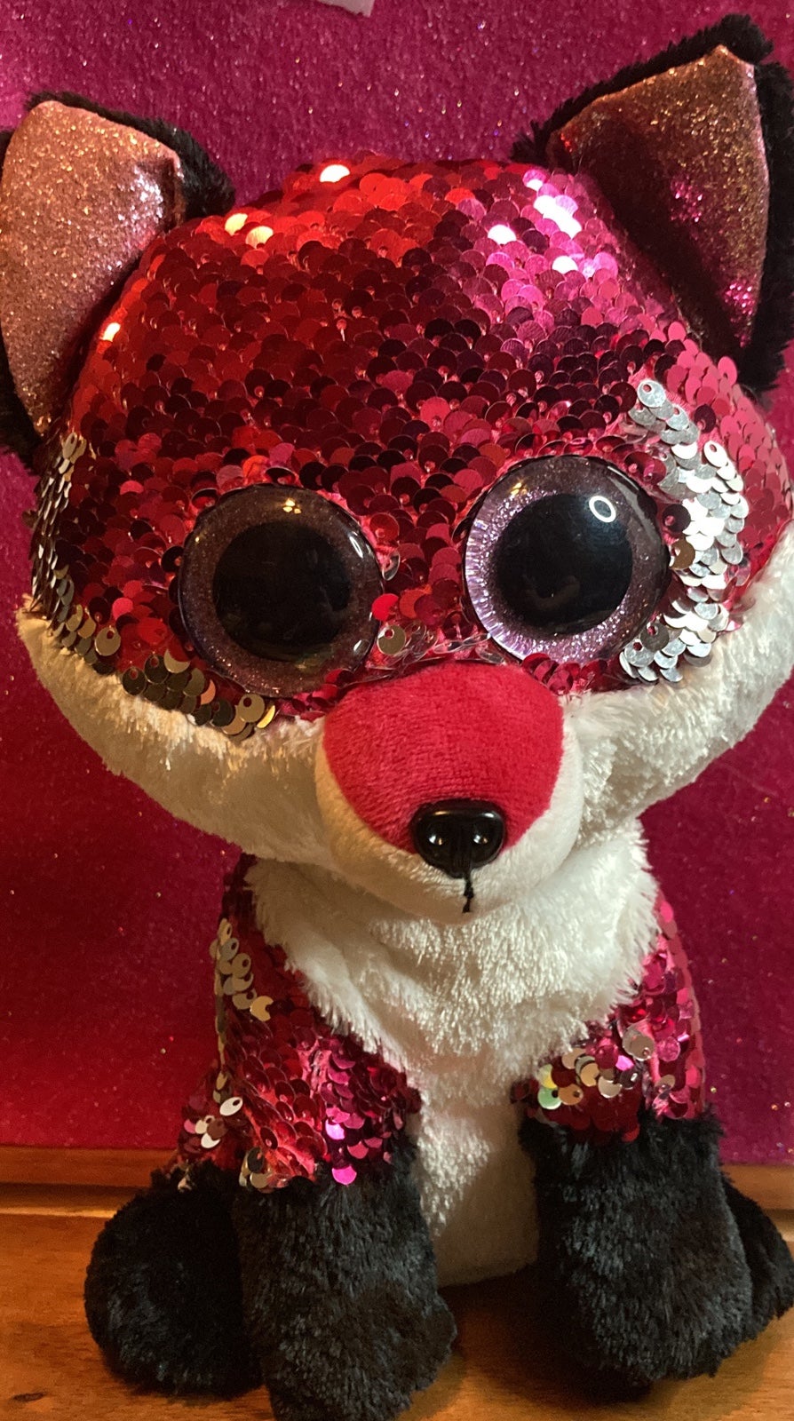 JEWEL THE FOX Plush, TY Flippables 10" Sequin Plush Toy, 2018, Fushia & Silver
