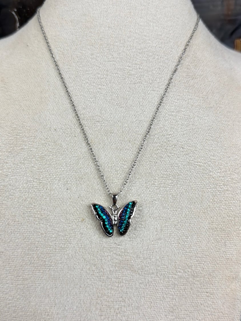 Rhinestone Purple Blue Green Butterfly Necklace Silver stamped SU CH