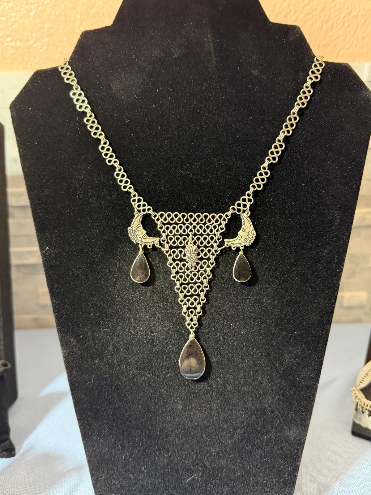 Handmade Stainless Steel Chain Half Moon with Black Agate Stone center Owl