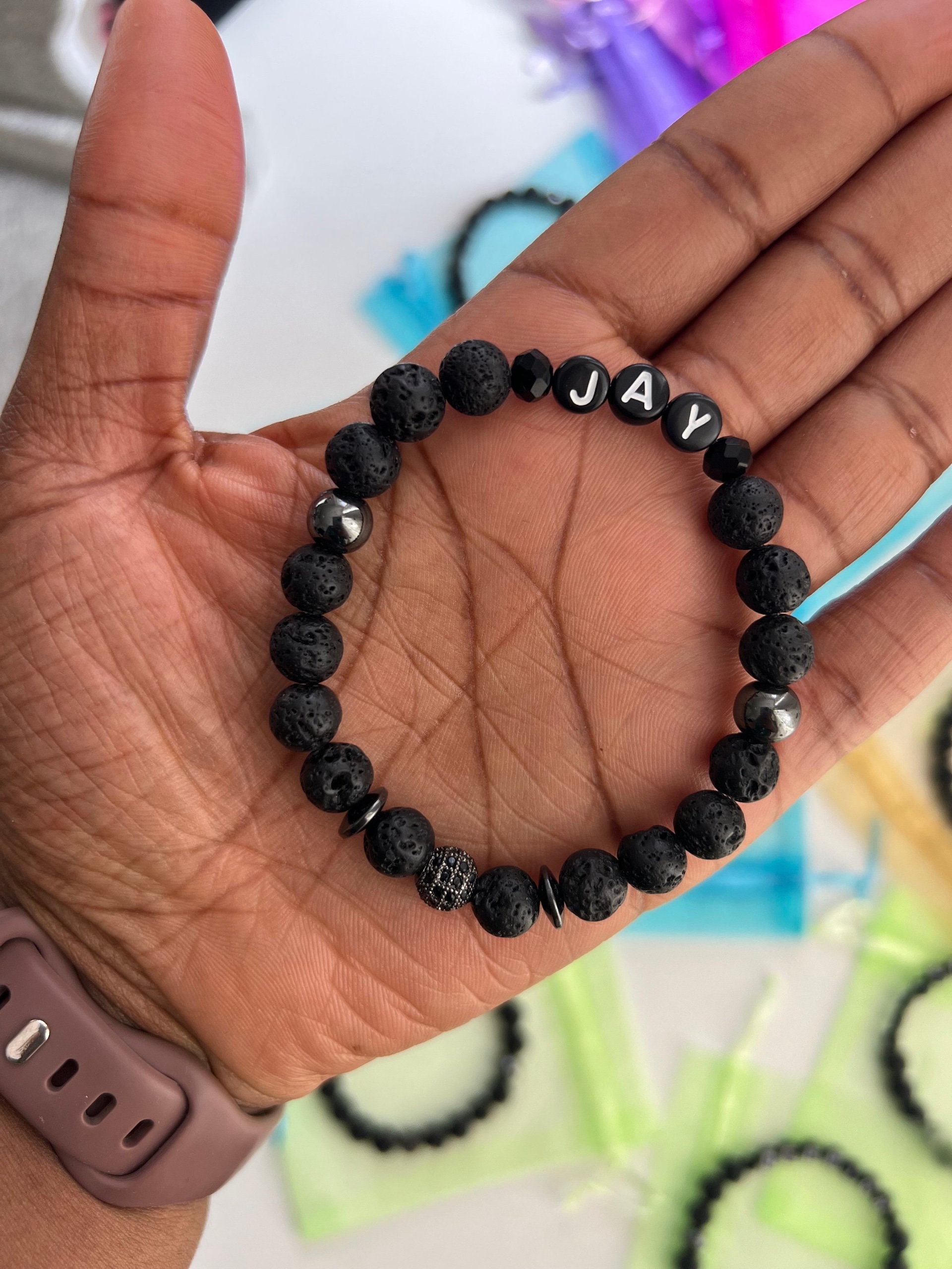 Natural Lava Rock Name Bracelet view 4