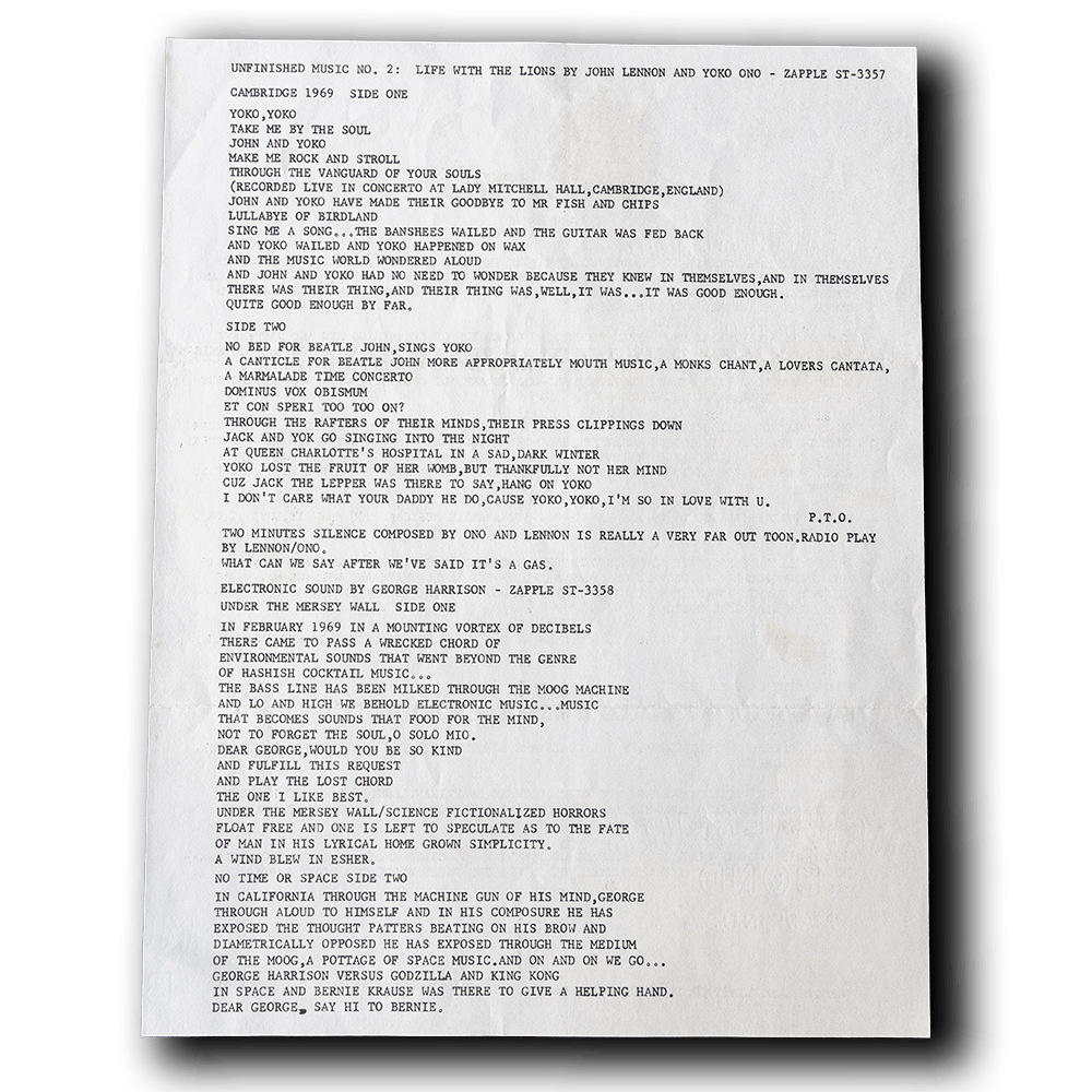 Beatles, The -- Zapple Press Release [Ephemera Other]