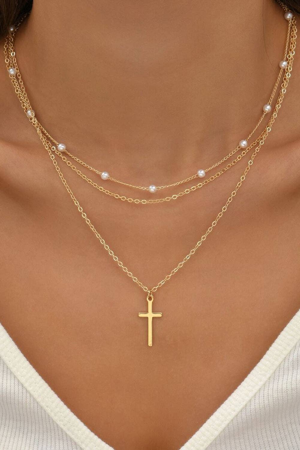 Gold Cross Pendant Pearl Triple Layer Chain Necklace — Bama Tan boutique, Tuscaloosa AL