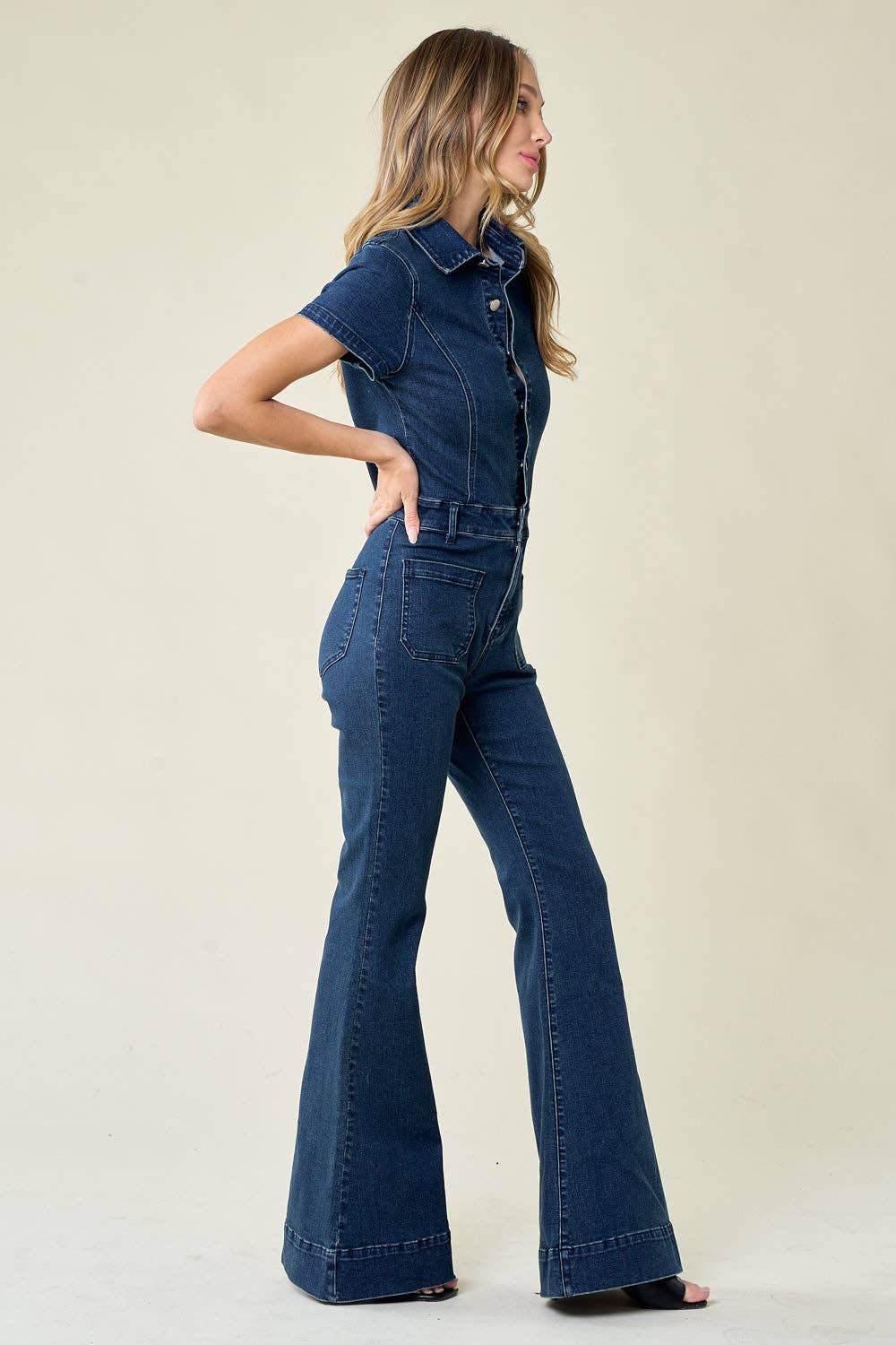 SS23 PREORDER BELLBOTTOM DENIM JUMPSUIT - W4330RIA: L, DARK DENIM