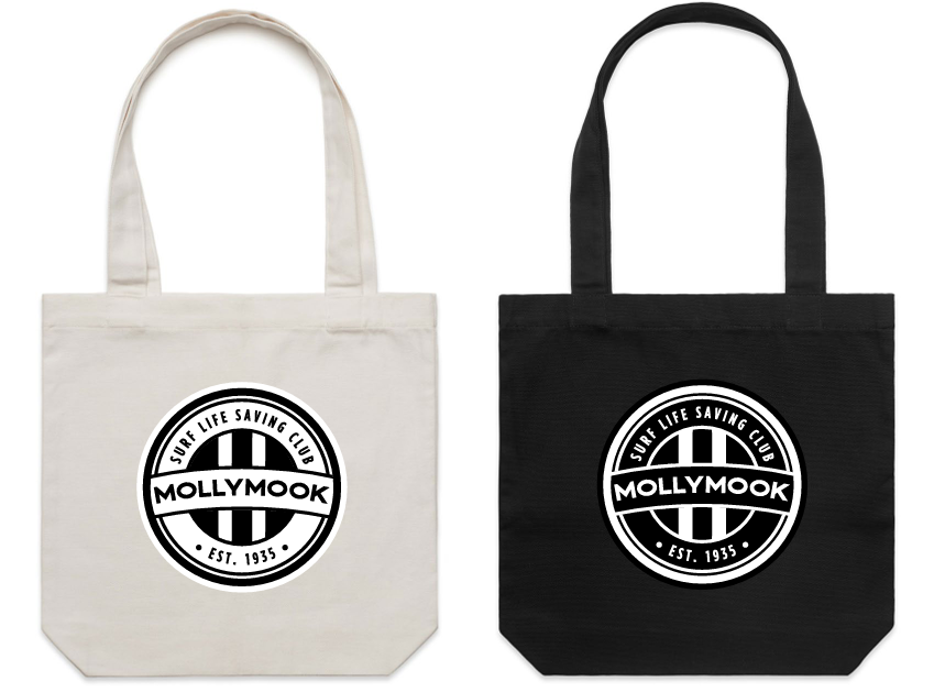 Natural and black Mollymook premium tote bags with circular club logos on the front.