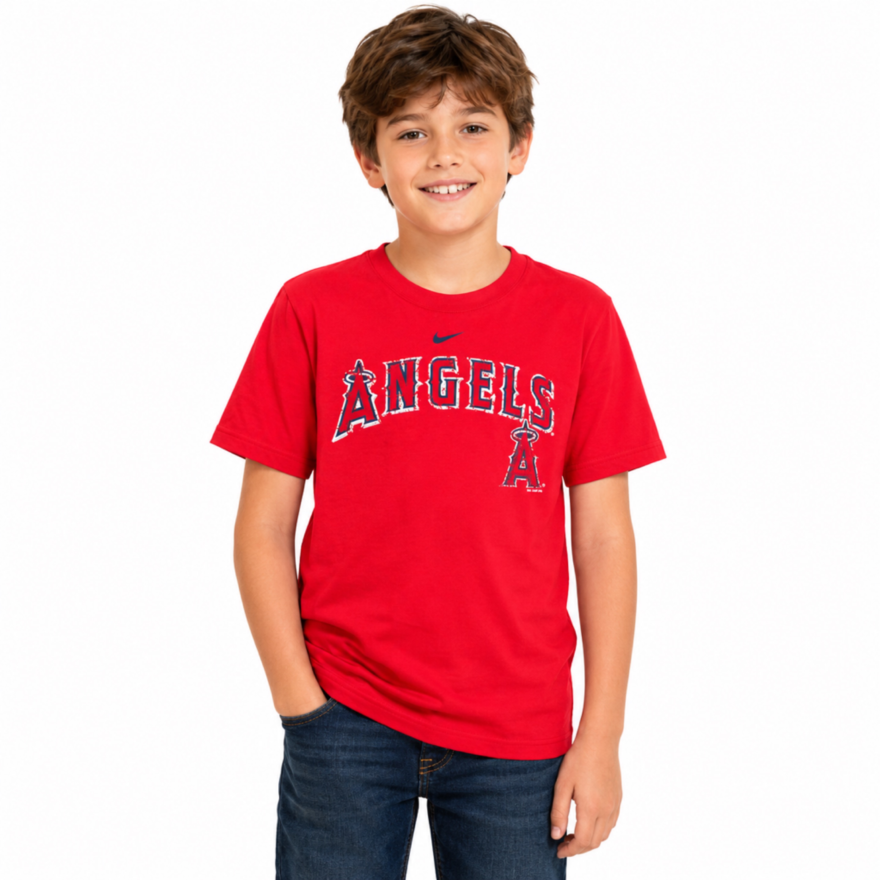 Los Angeles Angels Kids Scarlet Red Nike Distressed Wordmark Shirt