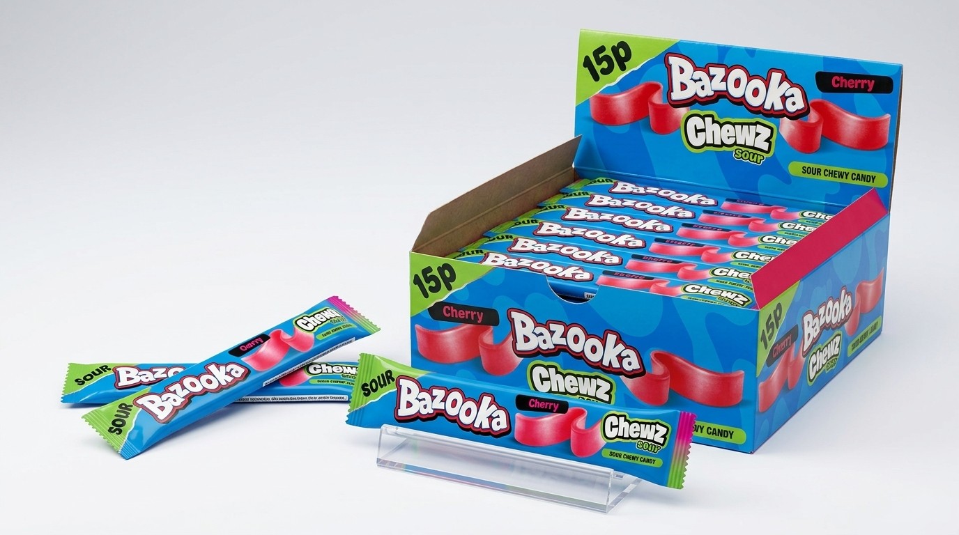 Bazooka UK Chews Sour Chewy Candy Bar Cherry Red 14g 60ct Tray