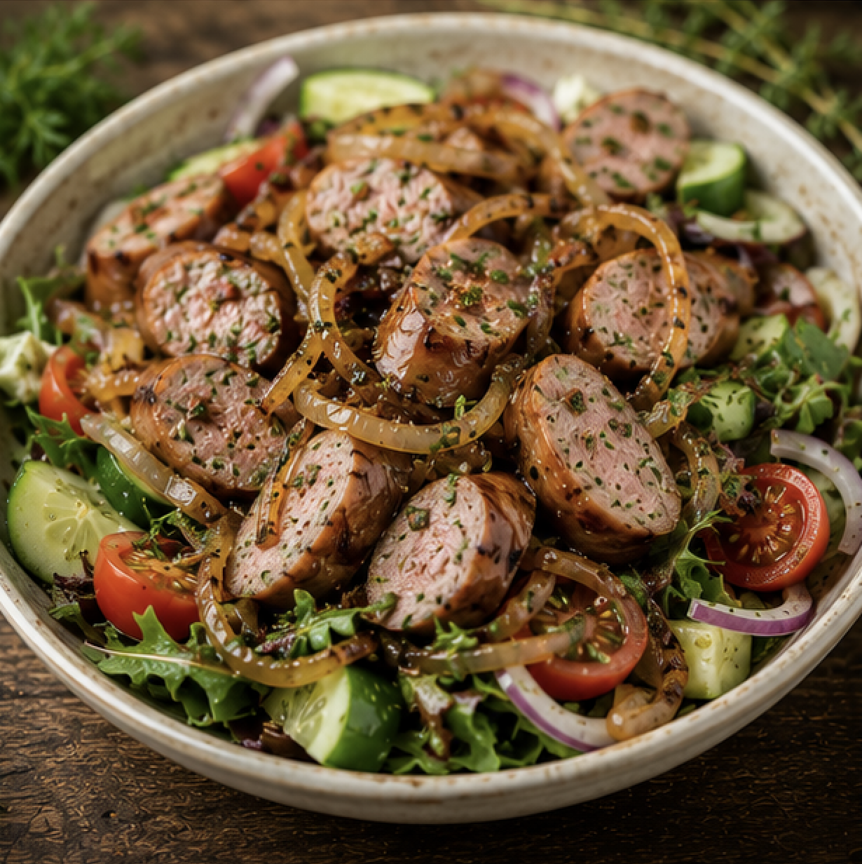 Pork sausages and onions Salad