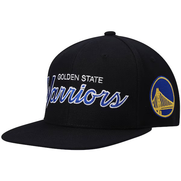 Golden State Warriors Retro Script Mitchell and Ness Black Snapback Hat