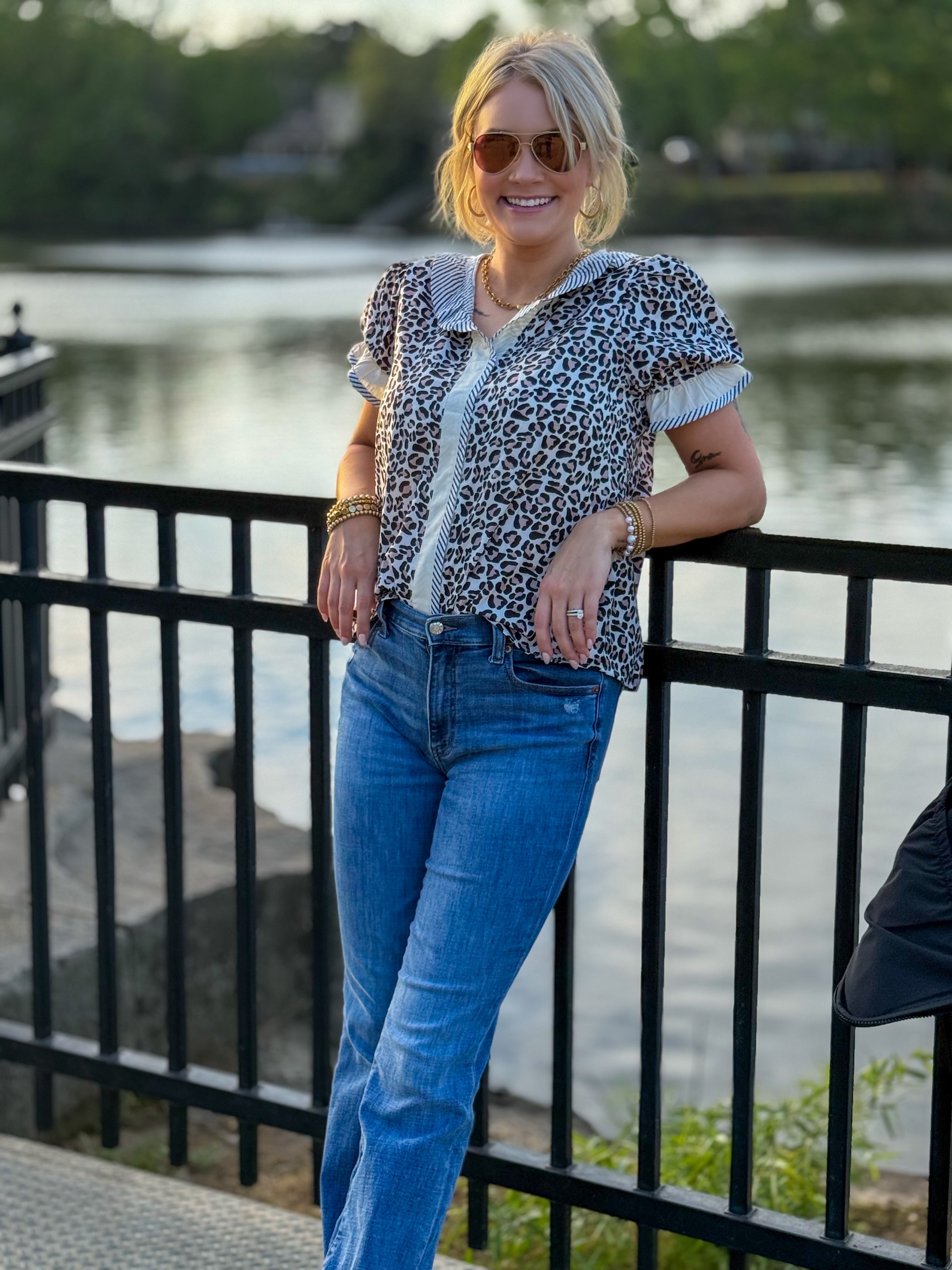 Leopard Print V Neck Blouse with Striped Ruffle Trim