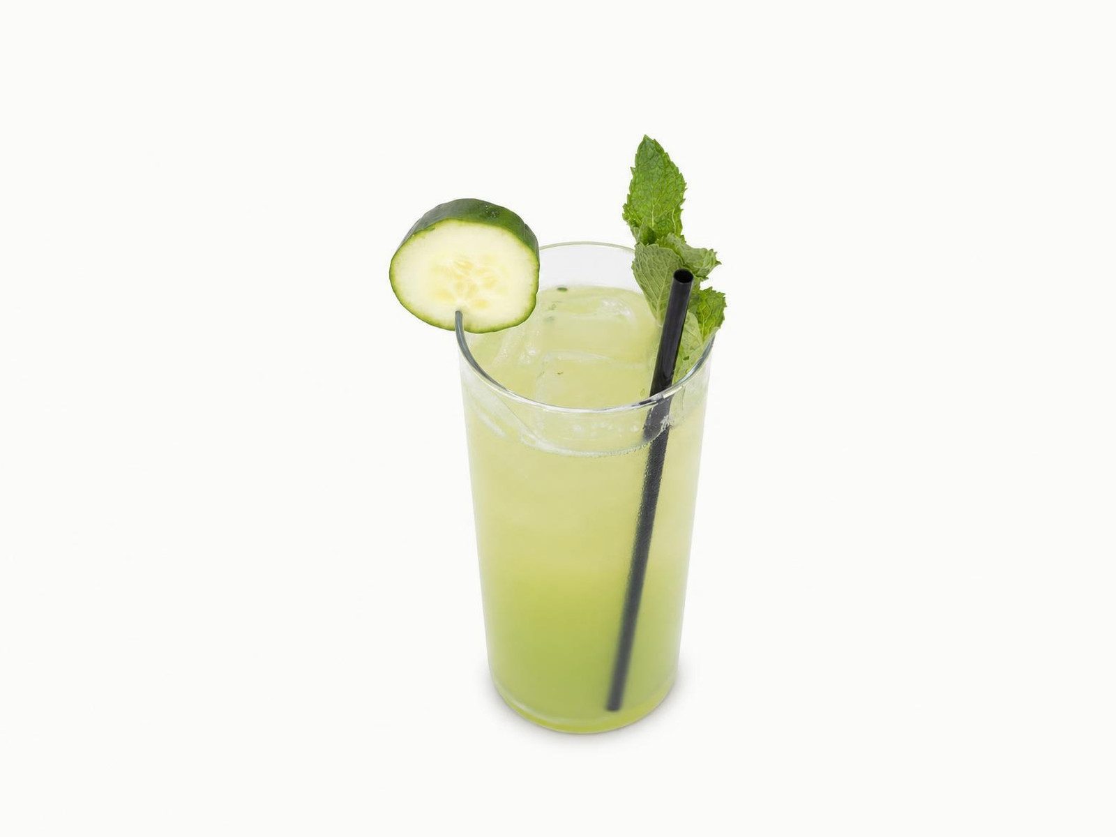 Cucumber press mocktail with a cucumber slice and mint