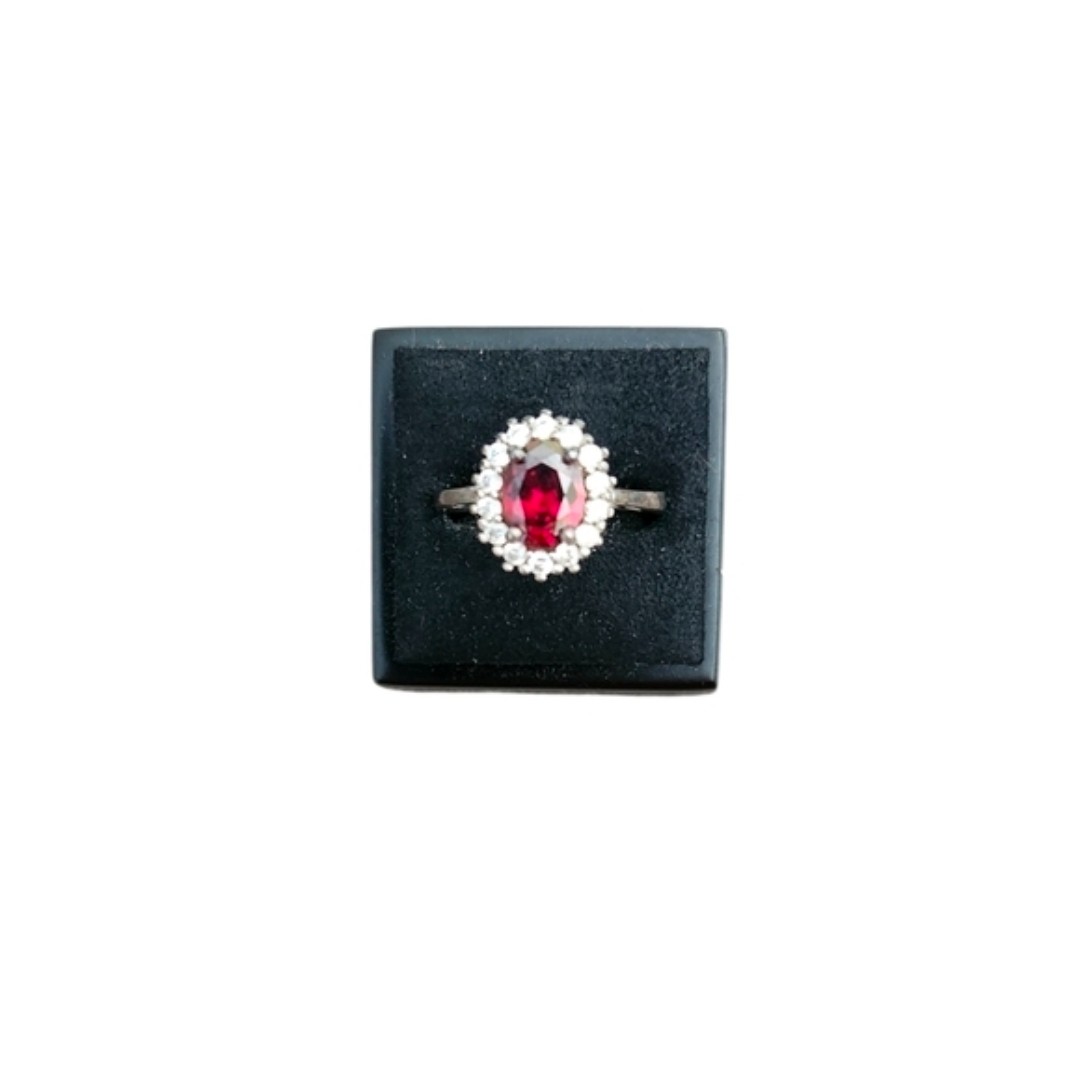 Size 9.5 S925 Red Garnet Halo Ring in Silver - Women's Fine Jewelry