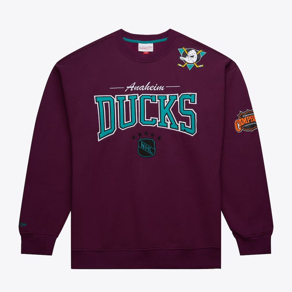 Anaheim Ducks Retro Purple Mitchell and Ness There and Back 2.0 Crew Sweatshirt