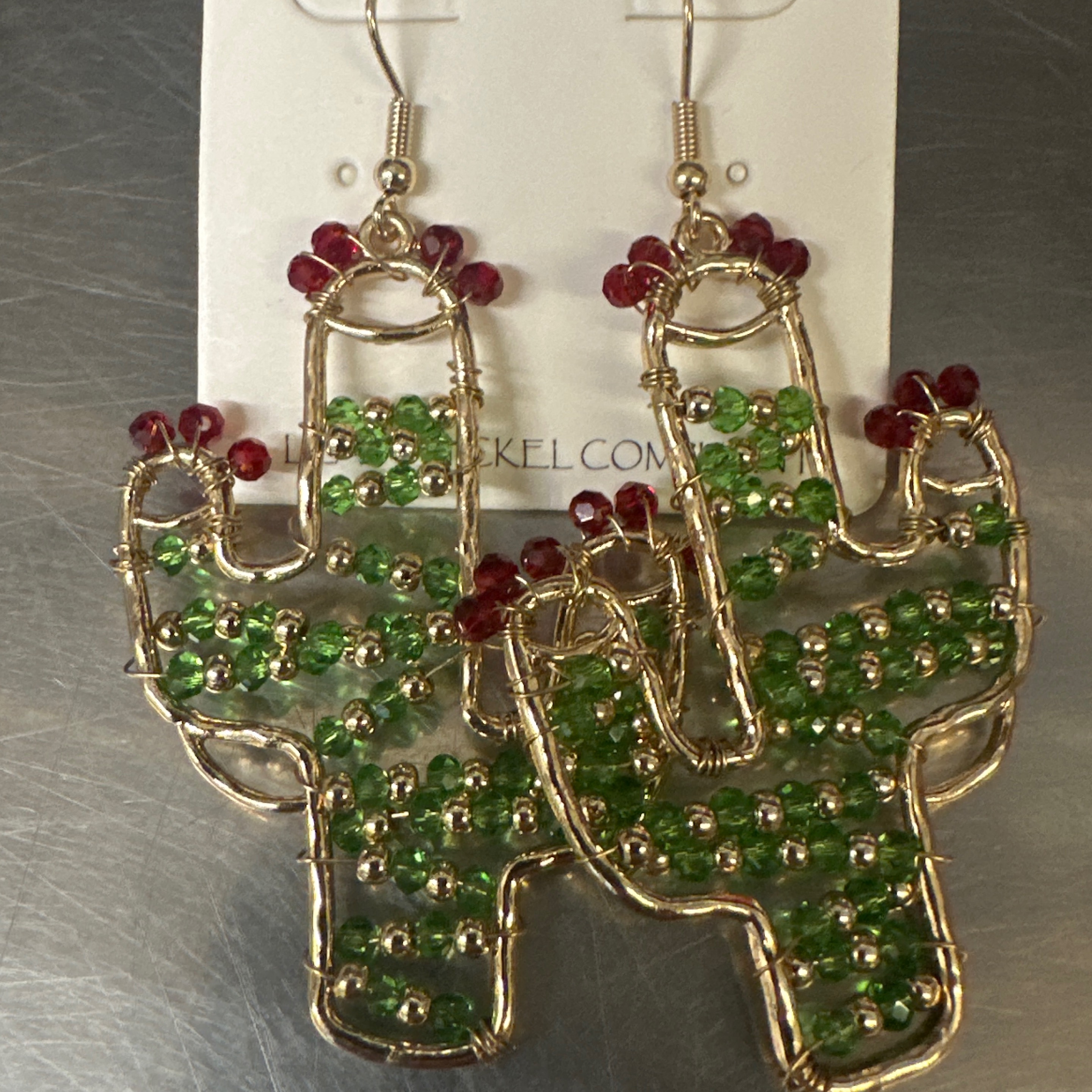 Green Bead Saguaro With Fruit Earrings