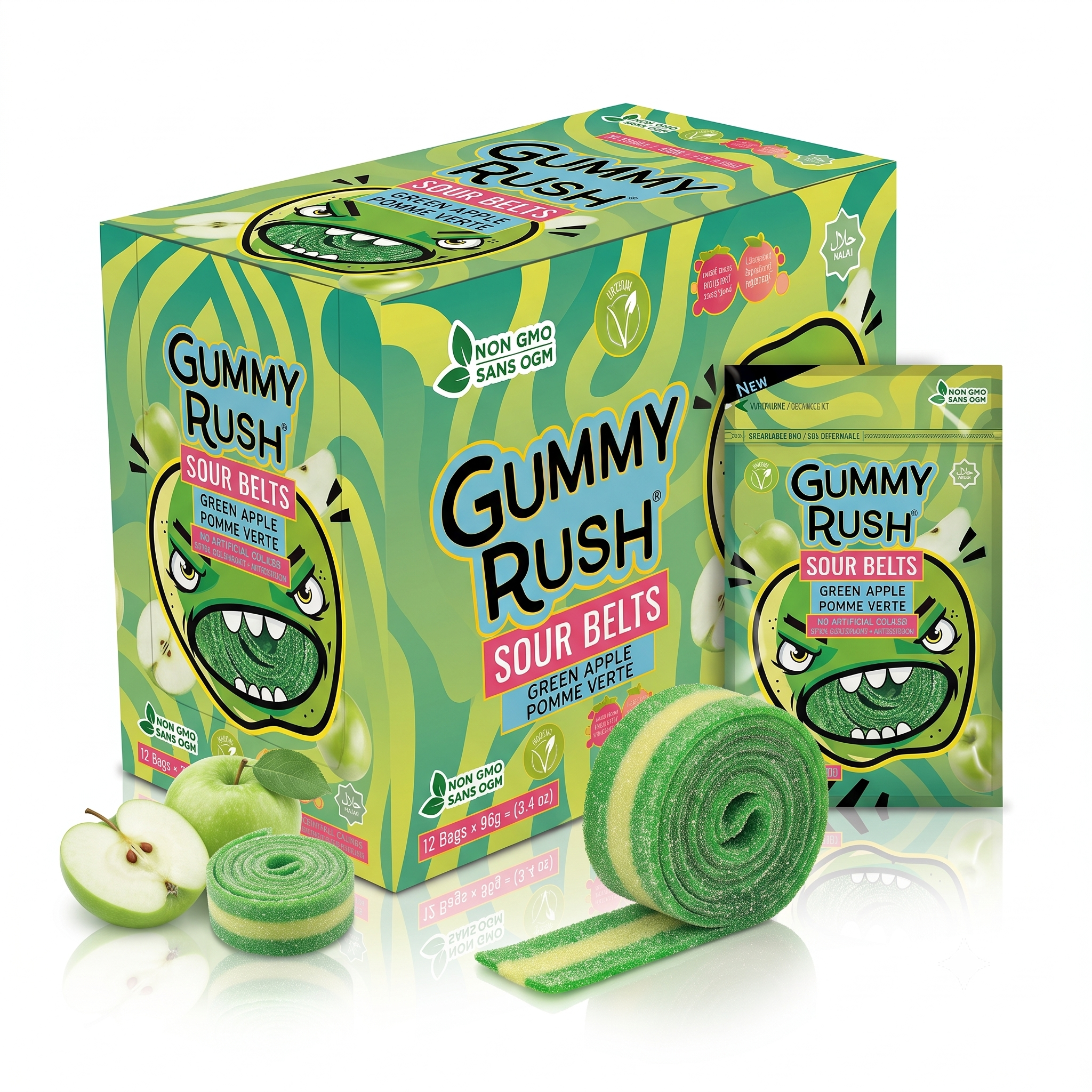 Gummy Rush Sour Belts Green Apple 3.4oz Peg Bag 12ct