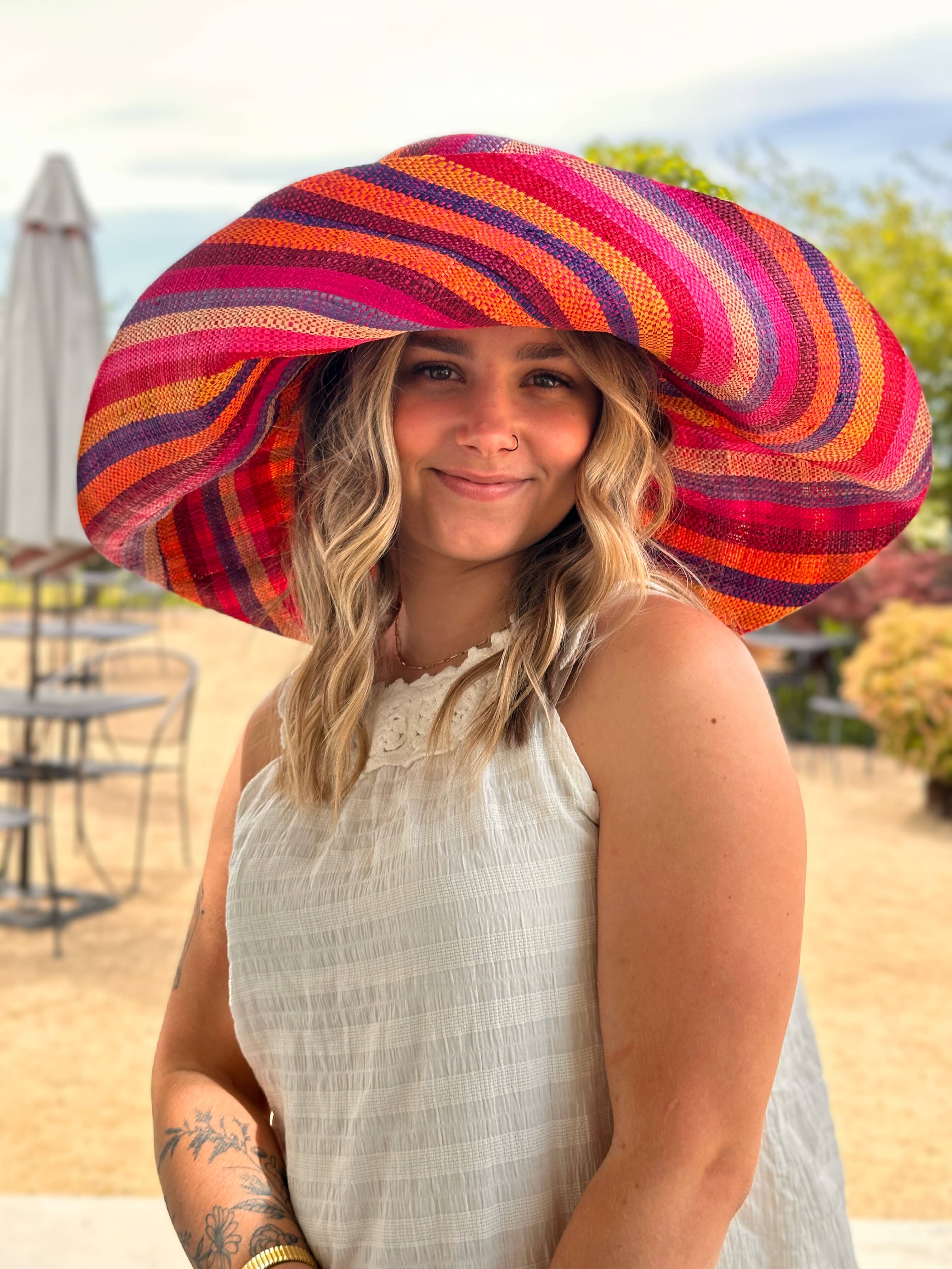 5" & 7" Wide Brim Multicolor Stripe Packable Straw Sun Hats